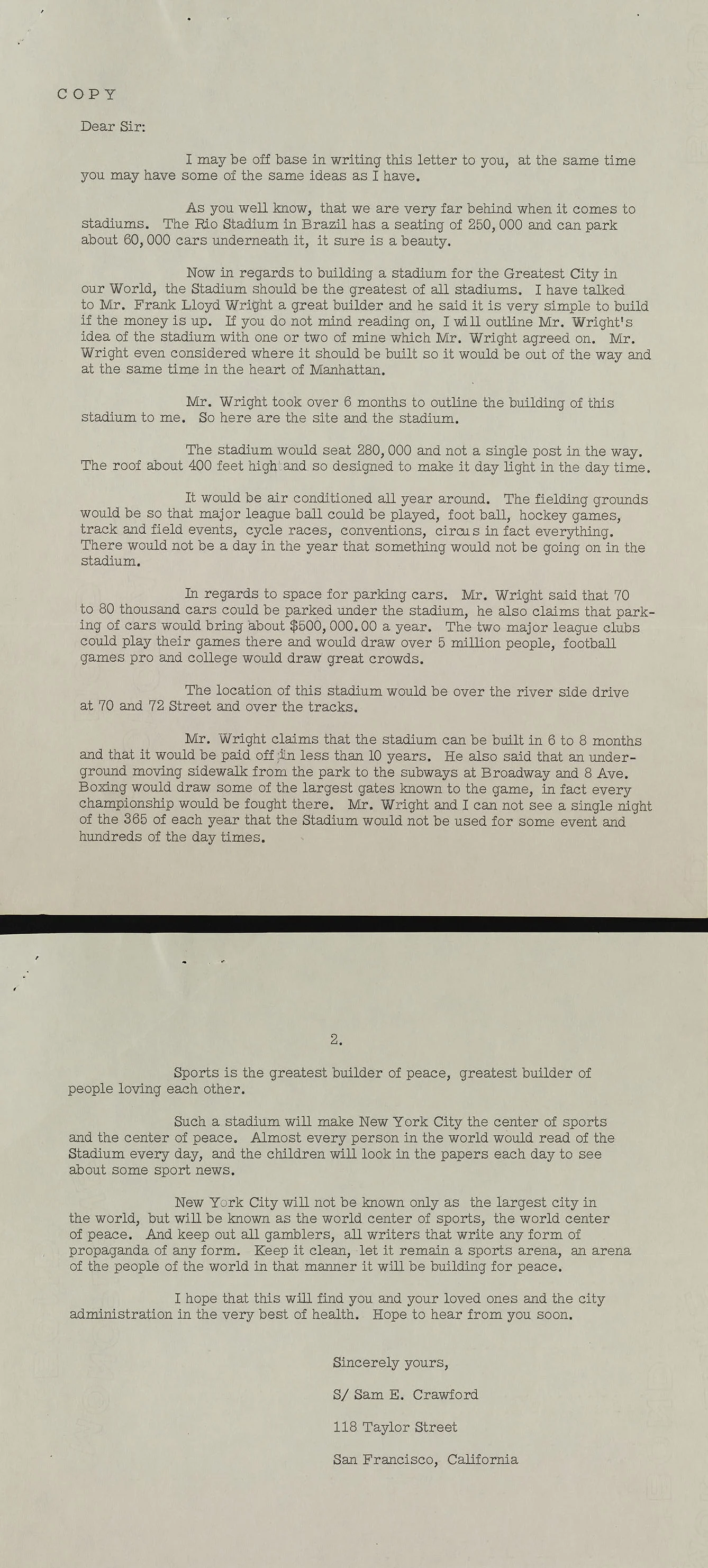 Letter with Frank Lloyd Wright’s suggestions for a new stadium on the Upper West Side. Mayor Wagner Papers, NYC Municipal Archives.