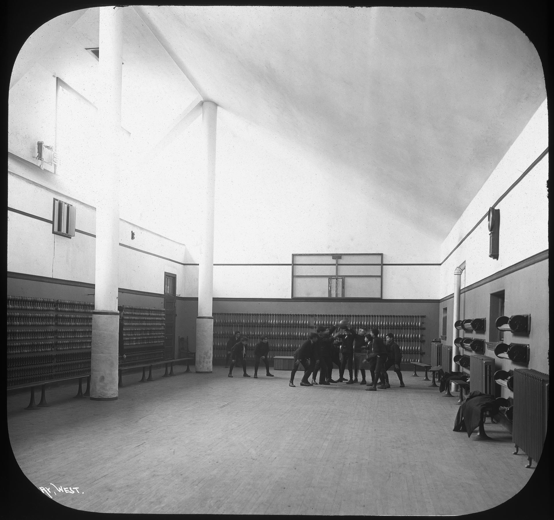 BOE_72020 PS 62 Manhattan, Basketball court, ca. 1908. Note the size of the recently introduced backboard. Board of Education Collection, NYC Municipal Archives.