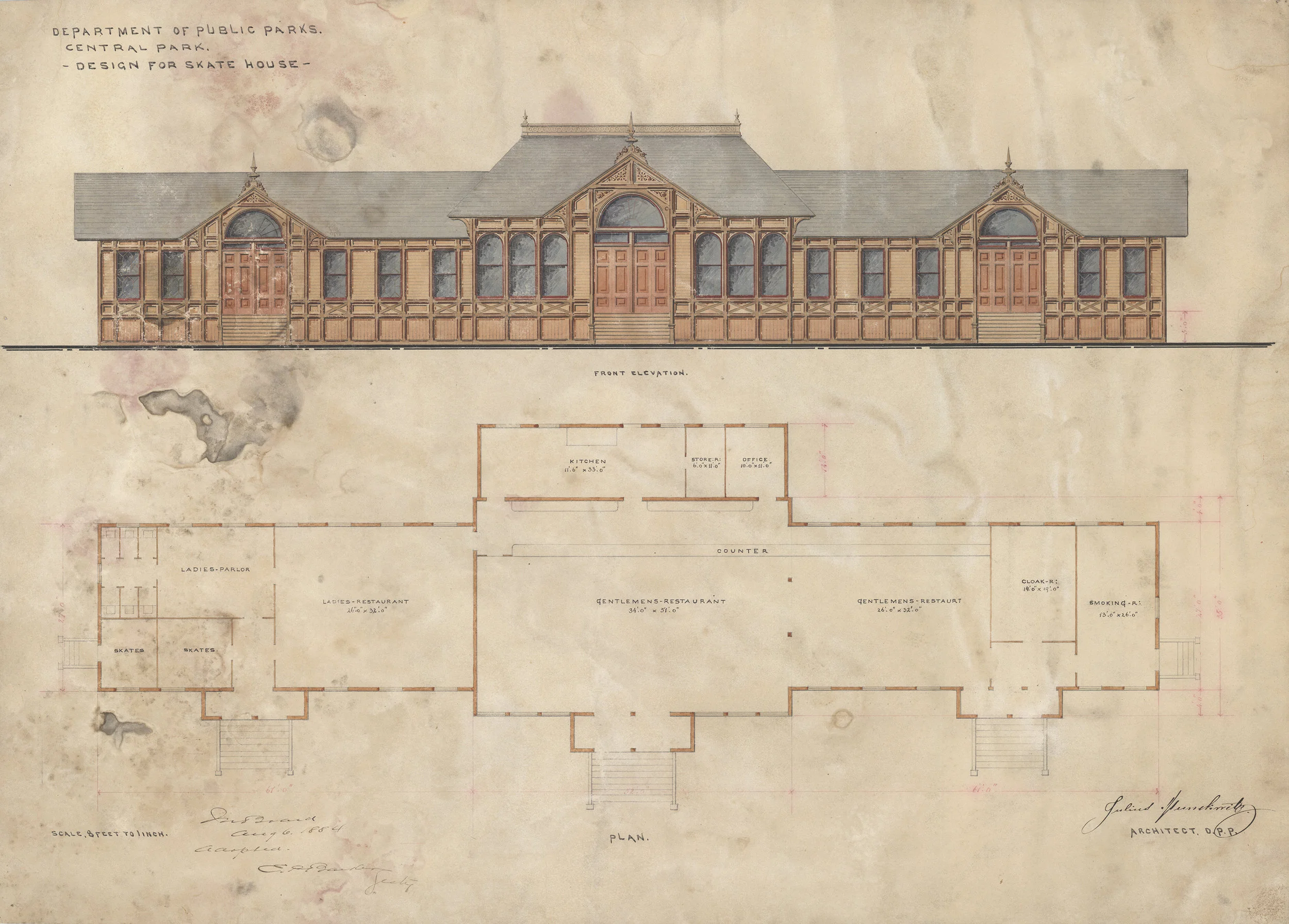 Design for a Skate House. Julius Munckwitz, architect, 1884. Ink and watercolor on paper. Department of Parks Collection, NYC Municipal Archives. To replace the original “skating tent,” actually a wooden structure, after it had fallen into disrepair, architect Julius Munckwitz prepared this drawing for a new Skate House in 1884, which provided a detailed elevation view and a floor plan with restaurants for men and women as well as a parlor and smoking room.