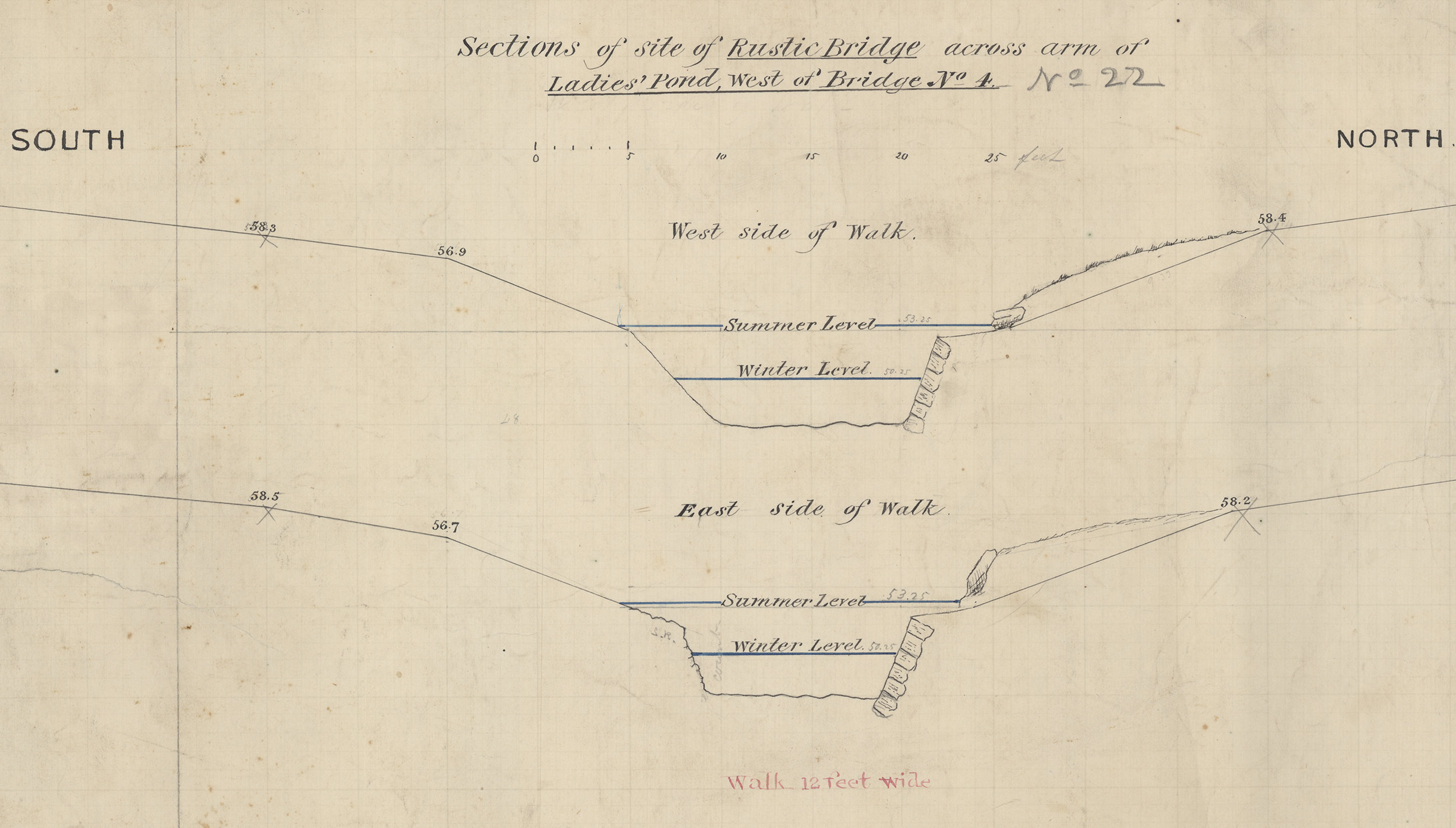 Summer and winter water levels at the site of the Rustic Bridge crossing an arm of the Ladies Skating Pond, c. 1860. Black and colored inks with pencil on paper. Department of Parks Collection, NYC Municipal Archives. The levels of the water of the Lake ranged from seven feet deep in the summer to provide ample room for boaters and swimmers to only four feet in the winter as a safety measure should anyone fall through the ice.