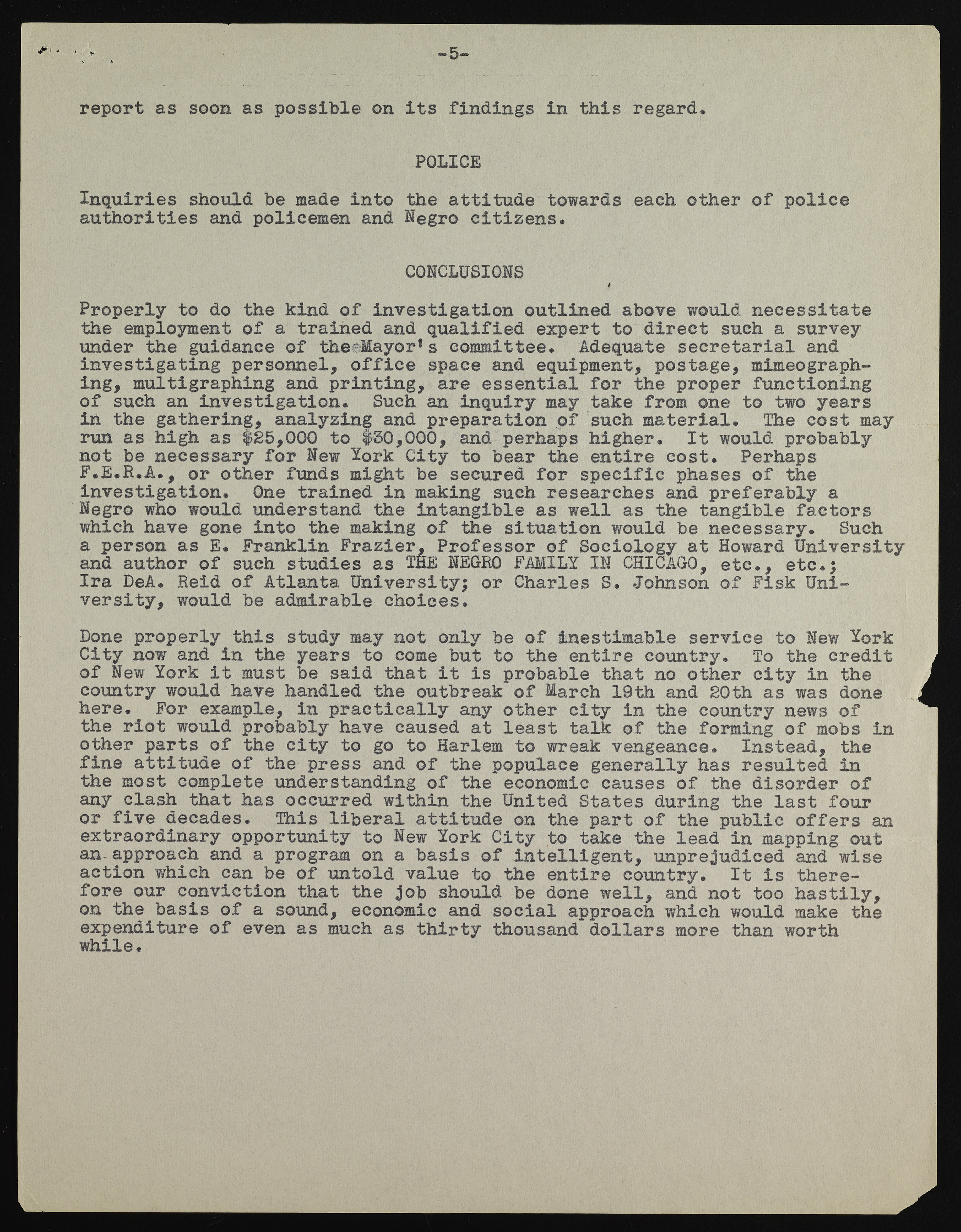 Letter from Walter White of the NAACP laying out the proposed investigation questions the committee should follow. Mayor LaGuardia Collection, NYC Municipal Archives.