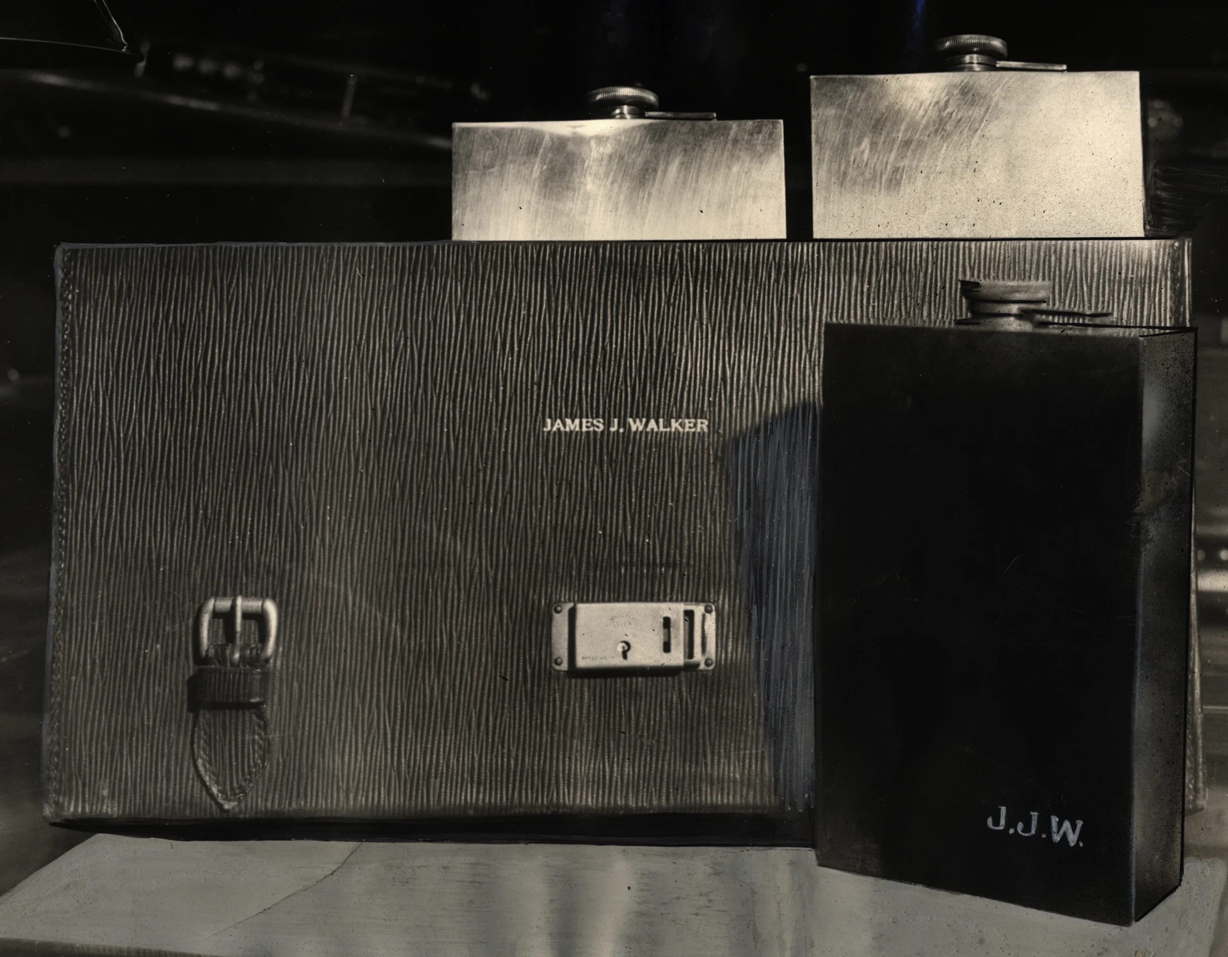 Former Mayor Jimmy Walker’s Drinking Set in pawn shop, includes 3 sterling silver quart flasks, May 1935. Associated Press, NYC Municipal Archives.