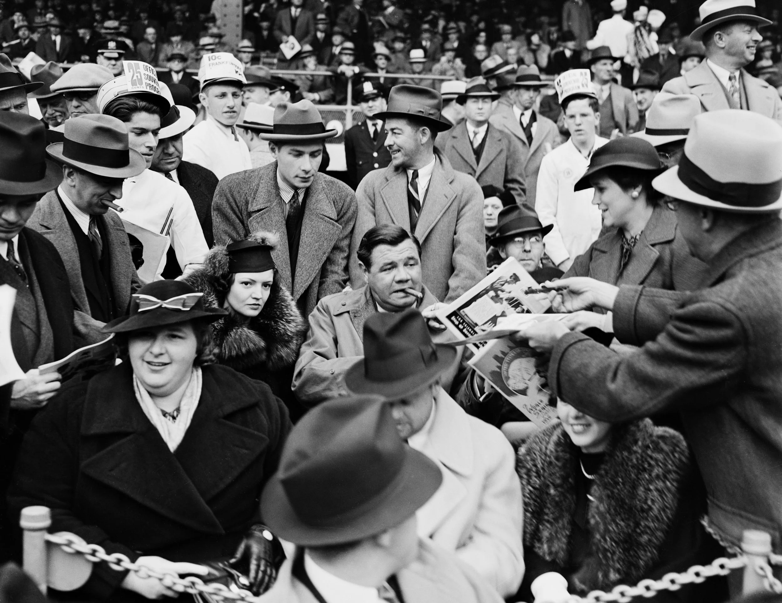 Babe Ruth and his wife Claire with singer Kate Smith, in the grandstand of the Polo Grounds, during the New York Yankees/Brooklyn Dodgers World Series, September 1936. Order WPA_0626a.
