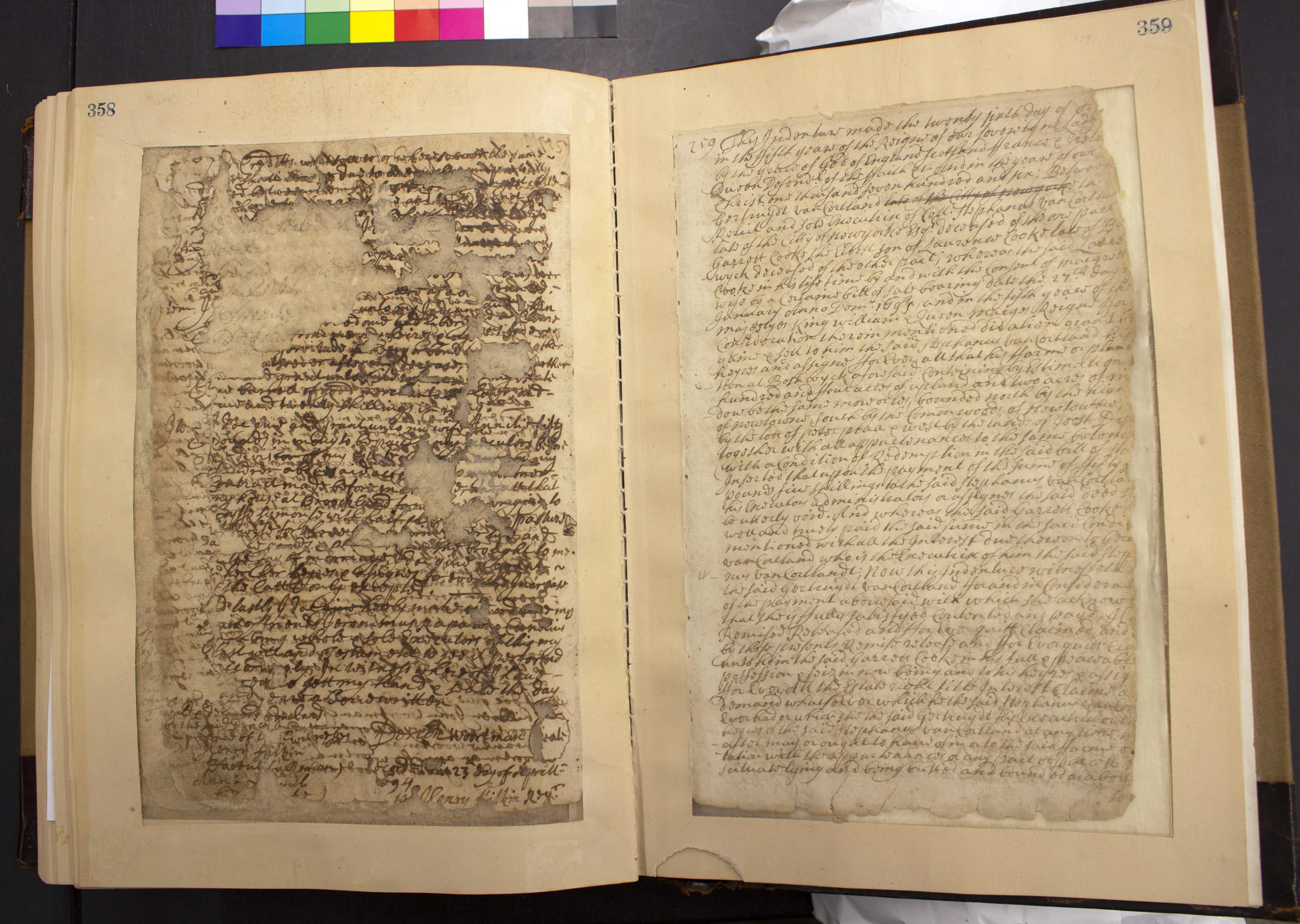 Book of 17th-century land conveyance records showing the variability in condition of different pages. NYC Municipal Archives Collections.