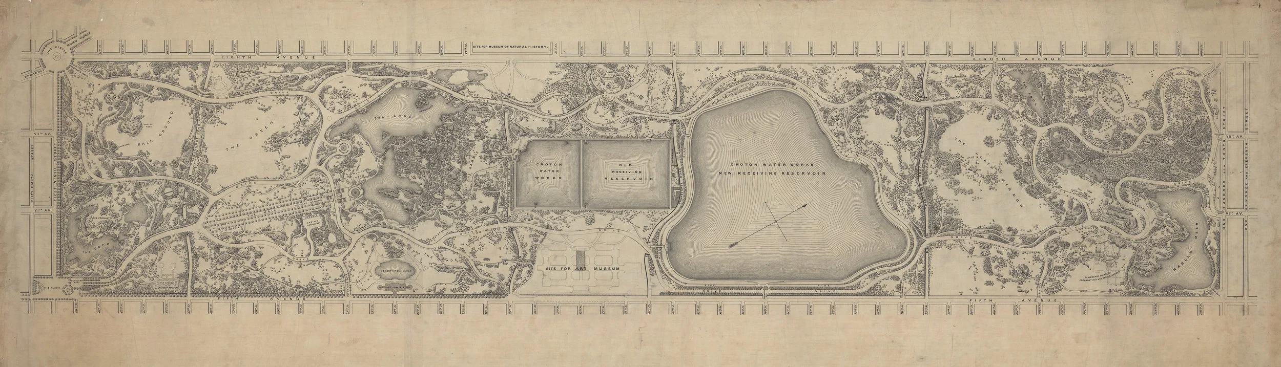 Map of Central Park, c. 1875. Black ink on linen, 24 x 74 inches. This map shows work both planned and completed as of the mid-1870s. It includes Drives, Rides, Walks, bridges, named gates, and major structures as well as several building that were being planned at the time but were never completed.