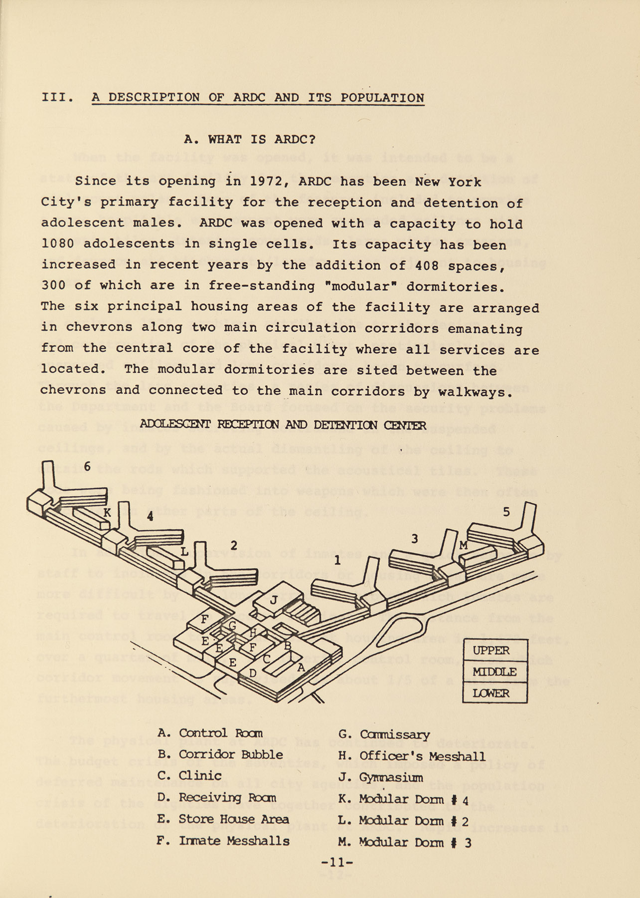 Adolescent Reception and Detention Center plan from A Study of Violence and its causes in the New York City Adolescent Reception and Detention Center. NYC Municipal Library.