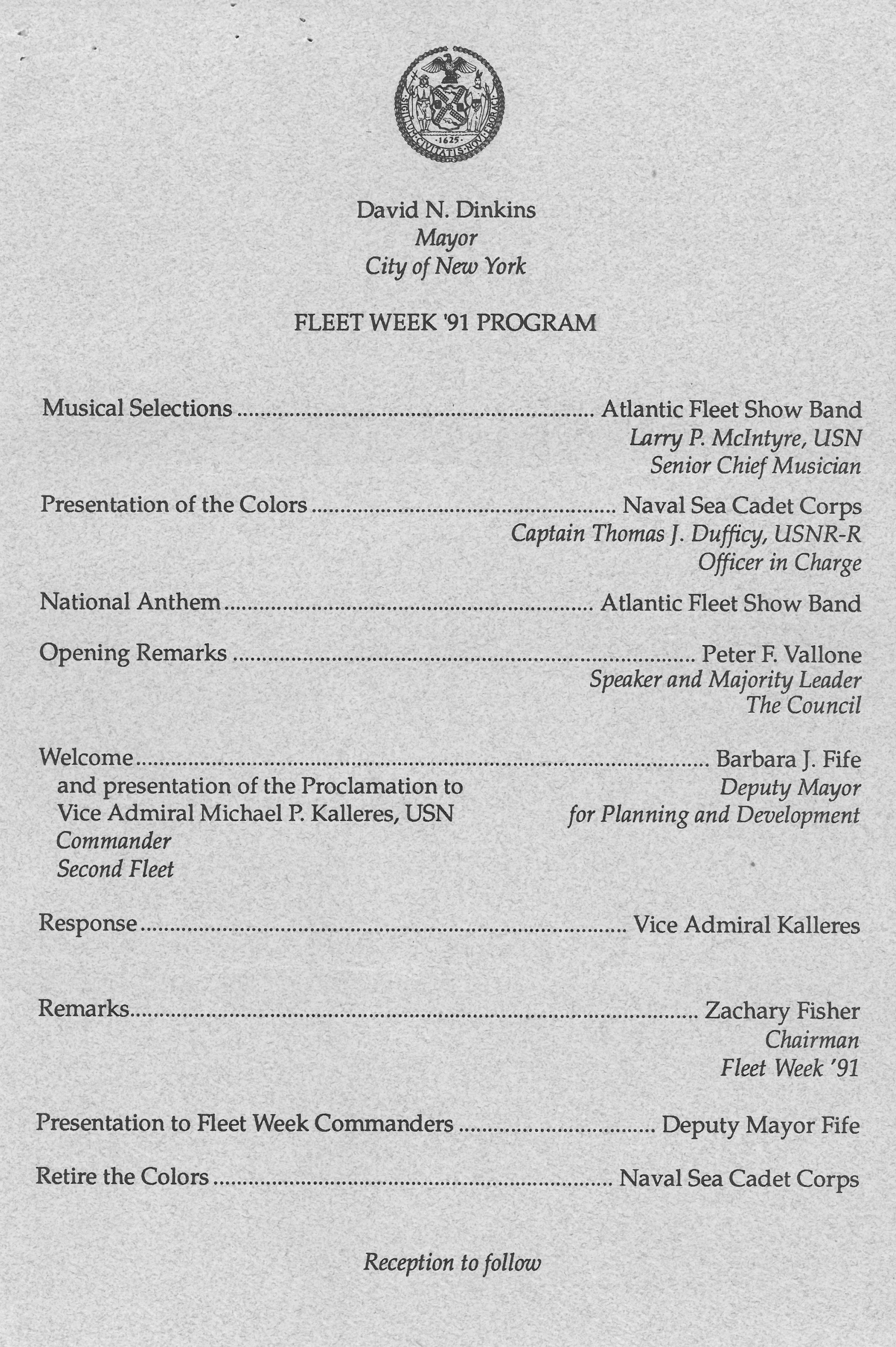 Fleet Week ’91 Program. Mayor David N. Dinkins event files, June 7, 1991. Mayor David N. Dinkins Collection, NYC Municipal Archives.