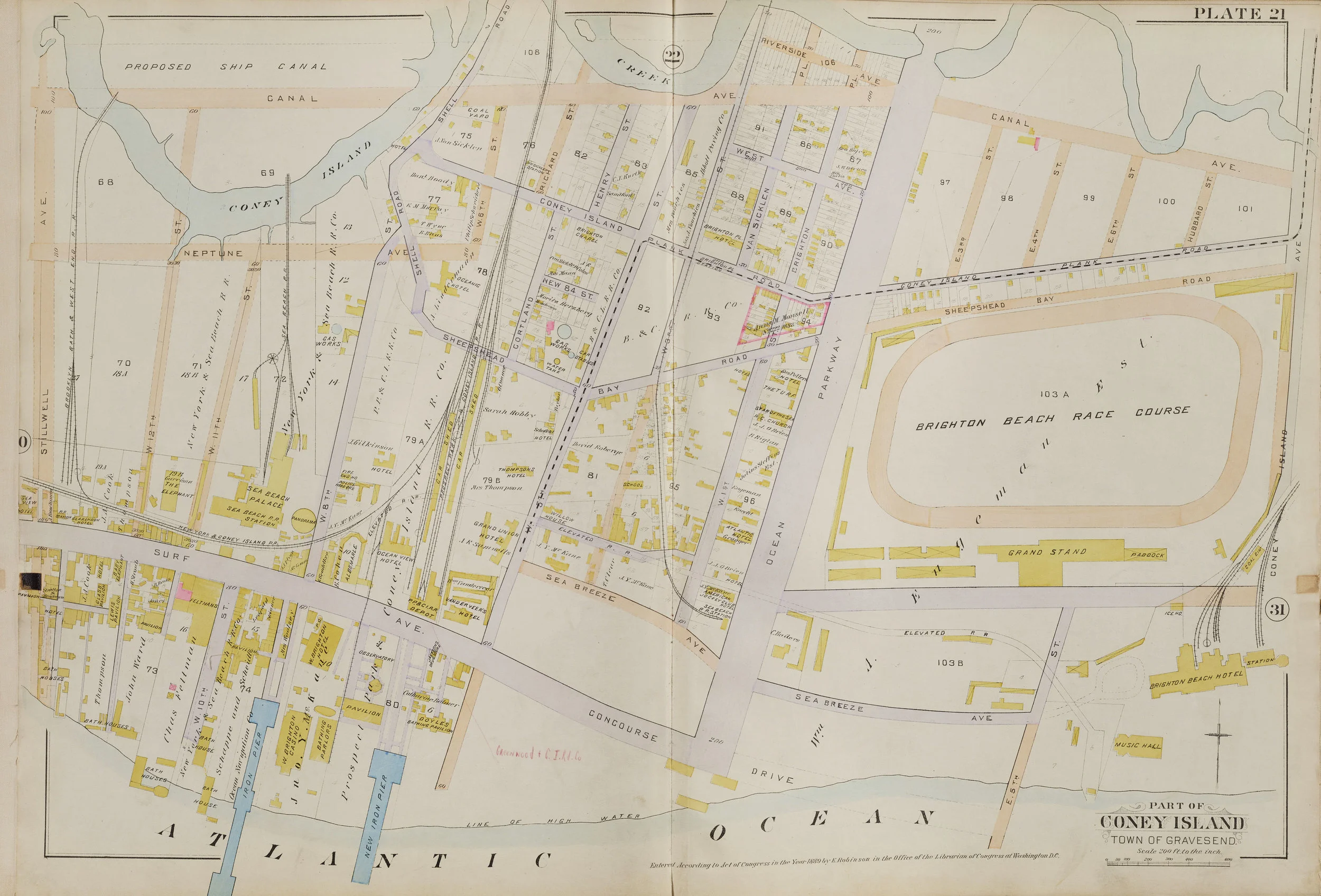 Map of Coney Island showing beachfront resorts and hotels, including the Elephant. Robinson’s Atlas of Kings County, 1890. NYC Municipal Archives.