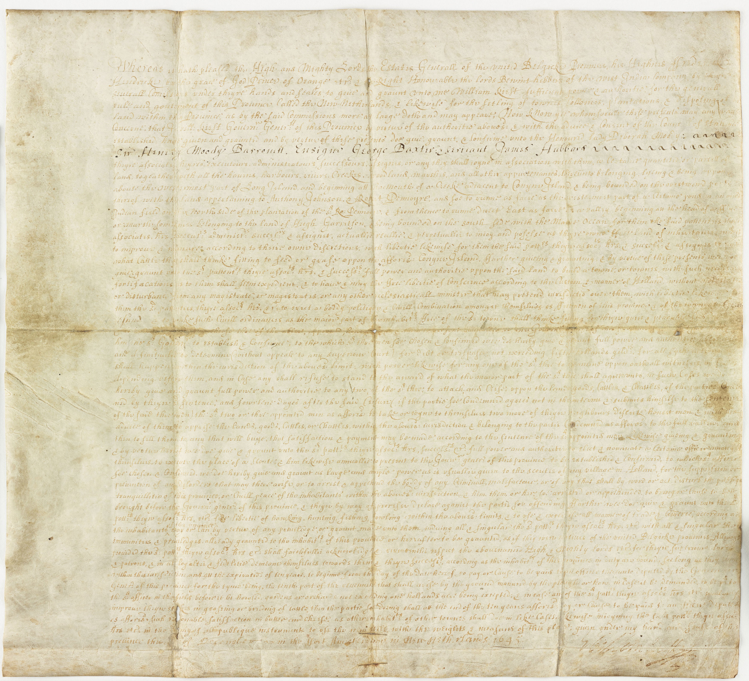 Kieft patent to Lady Deborah Moody and her followers to establish the town of Gravesend, 1645. NYC Municipal Archives.