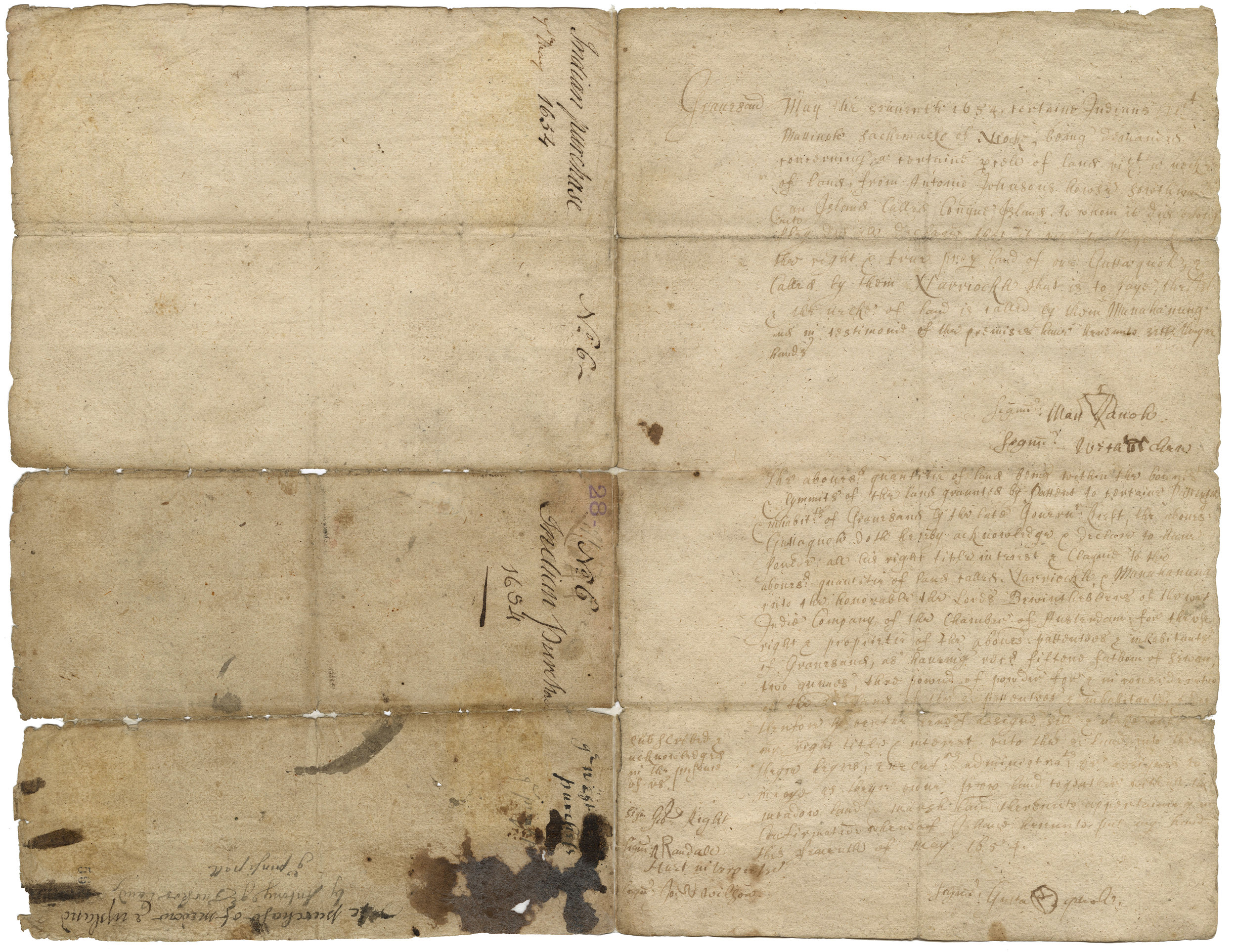 Deed for the purchase of the land called “Conyne Island” from Guttaquah and other leaders, May 1654. New York City Municipal Archives.
