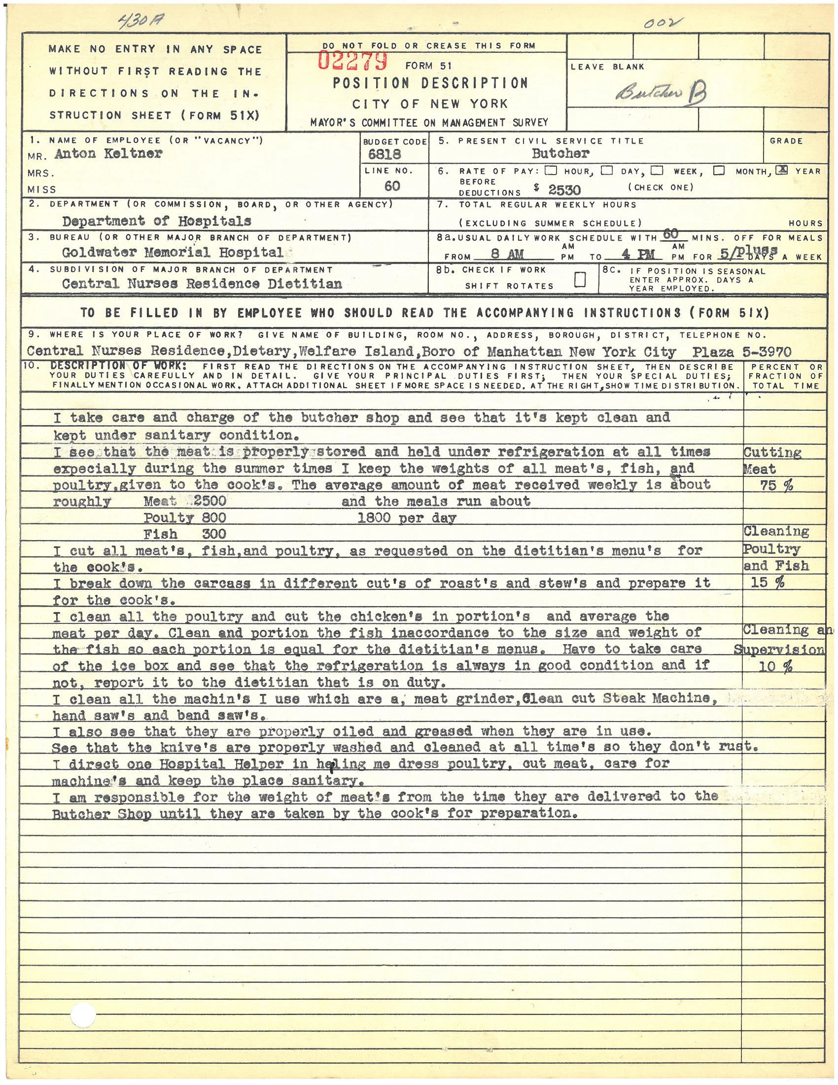 Form 51: Anton Keltner, Butcher, Goldwater Memorial Hospital. Mayor’s Committee on Management Survey, circa 1950. NYC Municipal Archives.