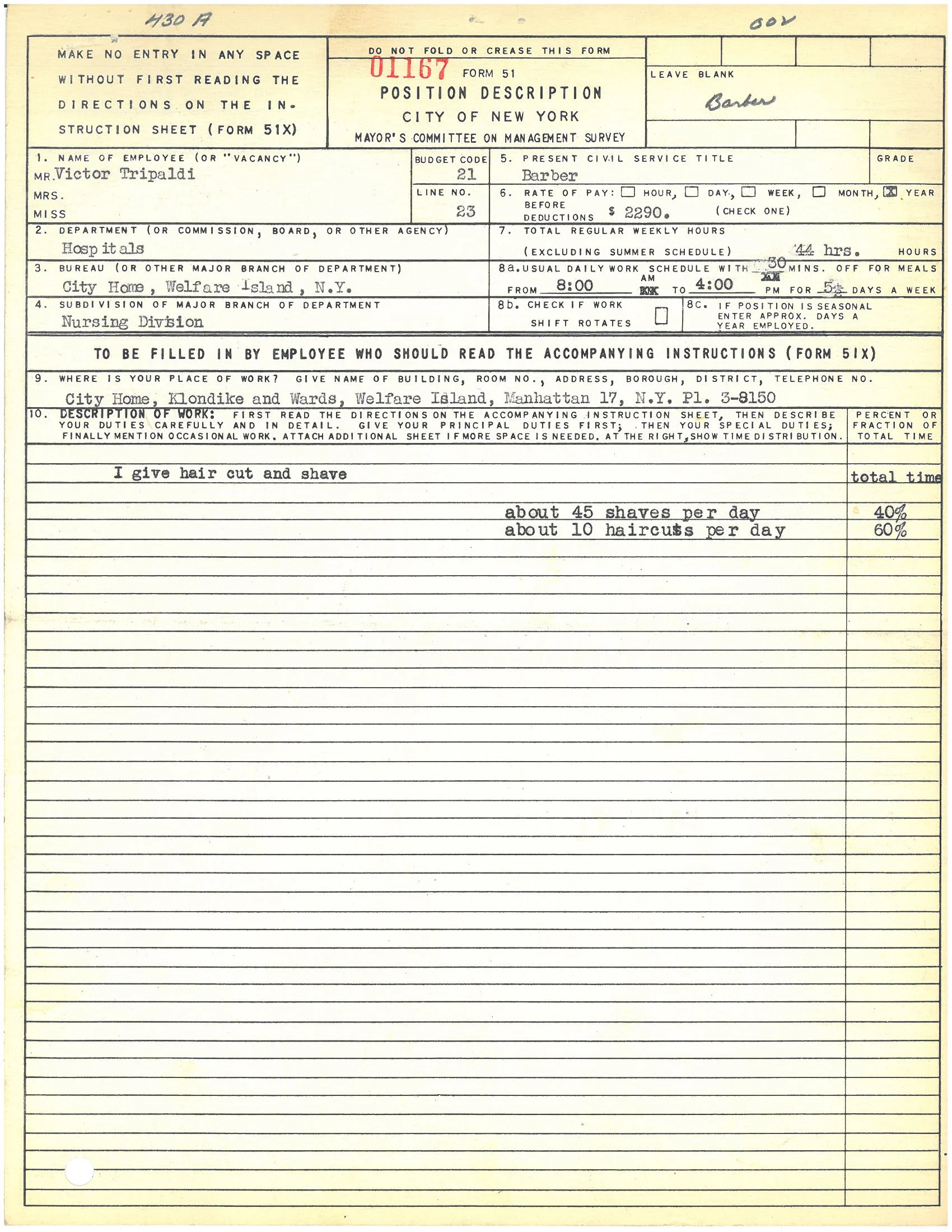 Form 51: Victor Tripoli, Barber, City Home, Welfare Island. Mayor’s Committee on Management Survey, circa 1950. NYC Municipal Archives.