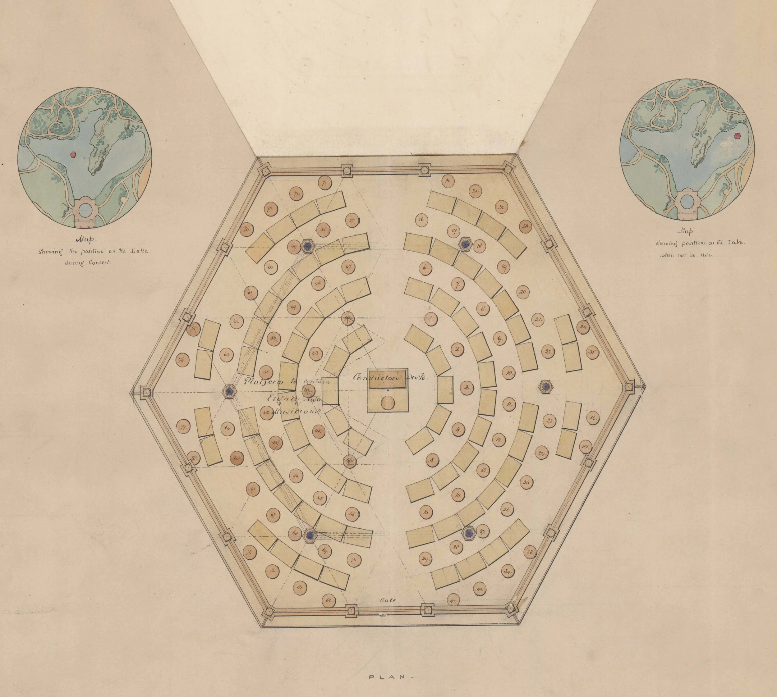 These detail maps show the pavilion’s positions on the Lake during a concert and when not in use; the central panel lifts up to reveal a second seating arrangement for a larger orchestra.
