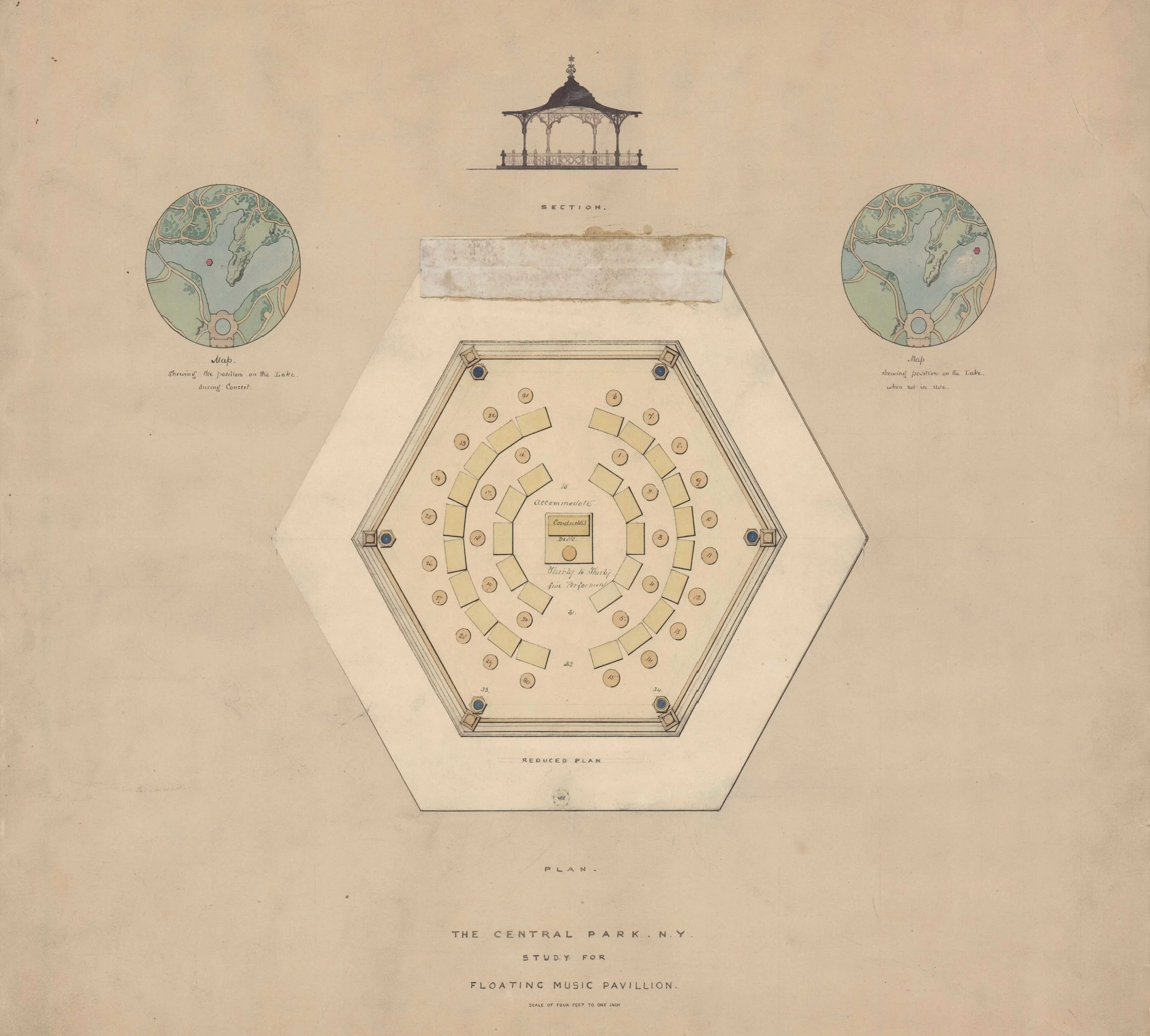 Study for a floating music pavilion on the Lake, c. 1861. Black ink and pencil with colored washes on paper backed with linen, 17½ x 18½". Department of Parks Collection, NYC Municipal Archives.