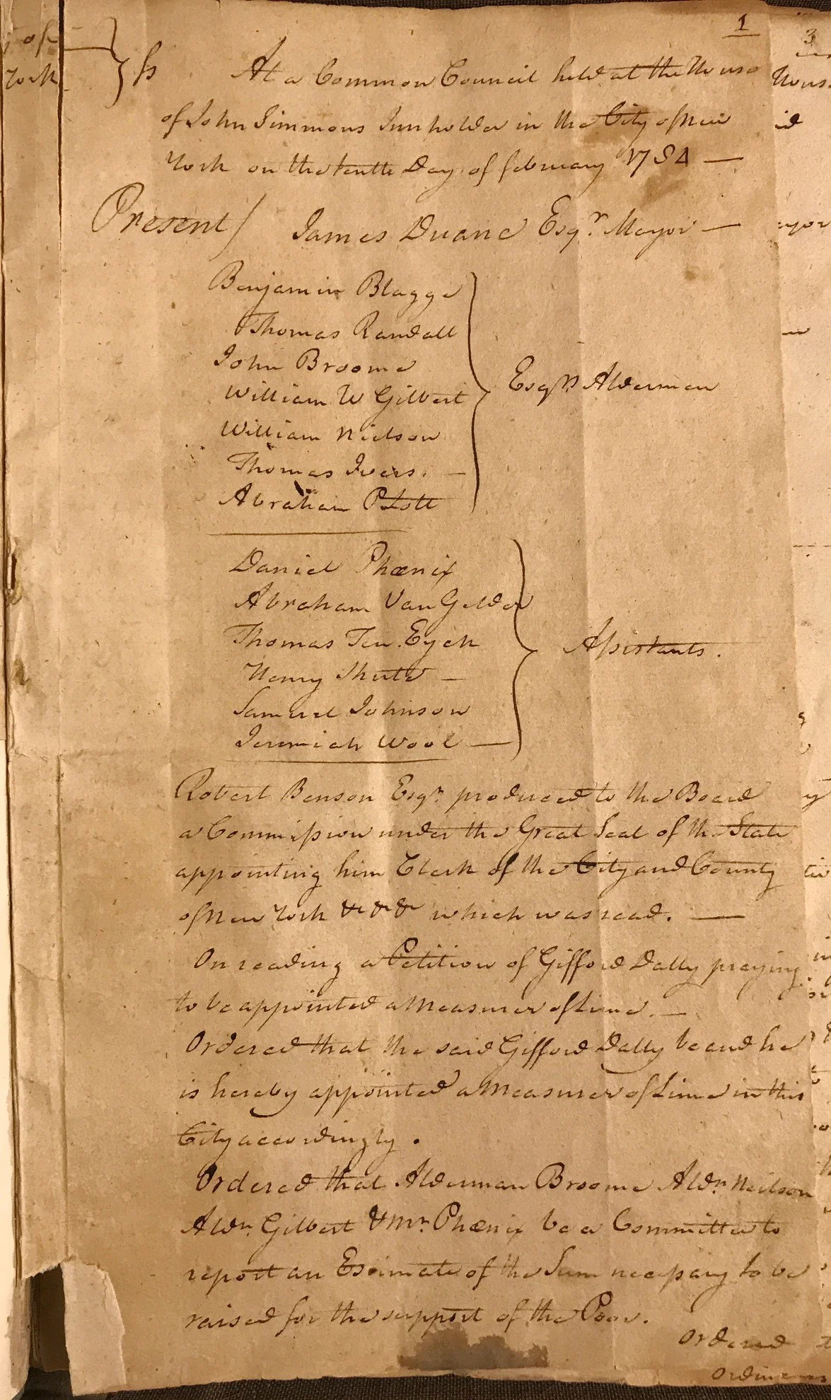 The first page of the post-war, post-colonial Common Council minutes, from February 10, 1784. Common Council Records, NYC Municipal Archives.