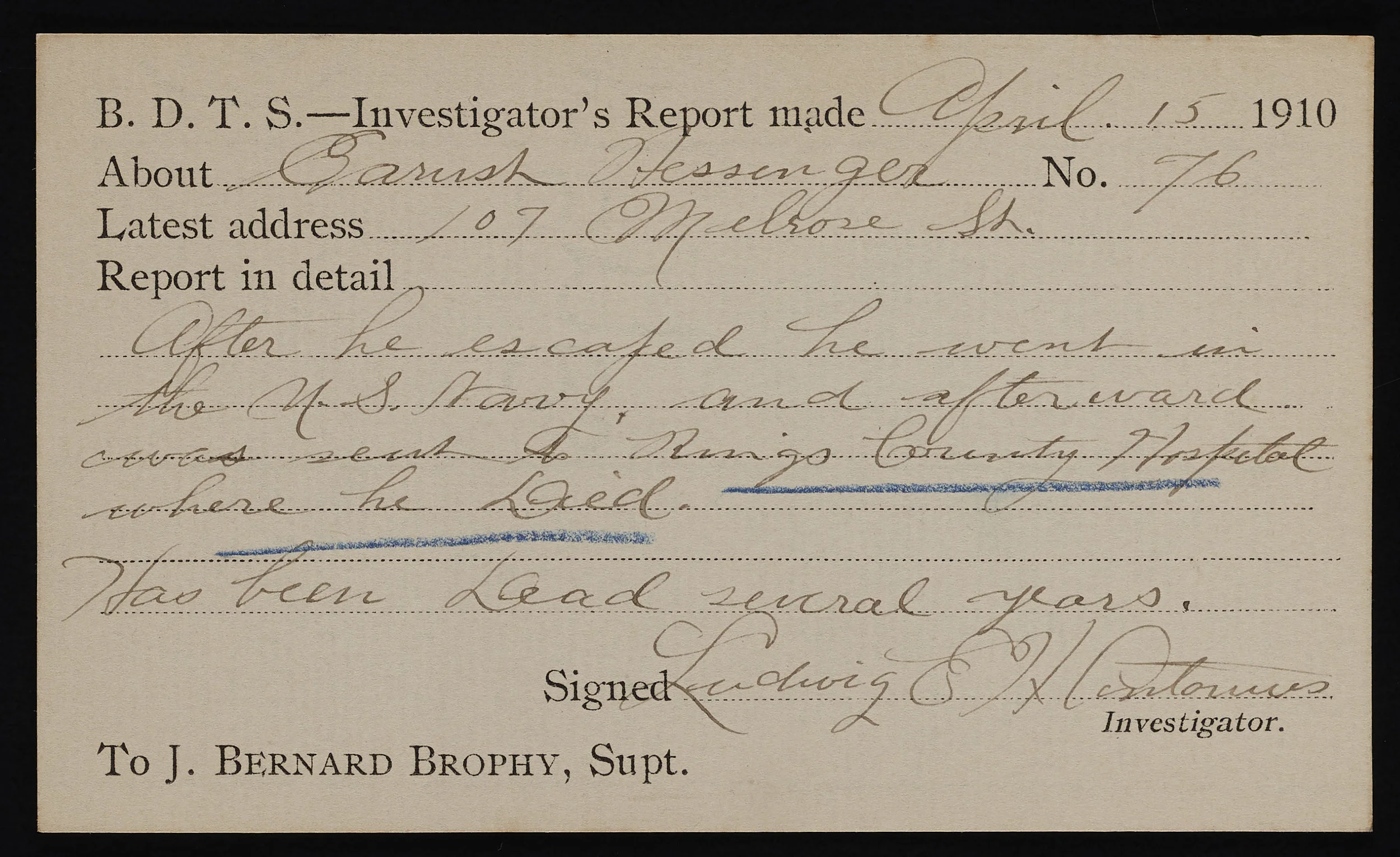 Investigator’s Report, 1910. Records of the Brooklyn Disciplinary Training School for Boys, NYC Municipal Archives.