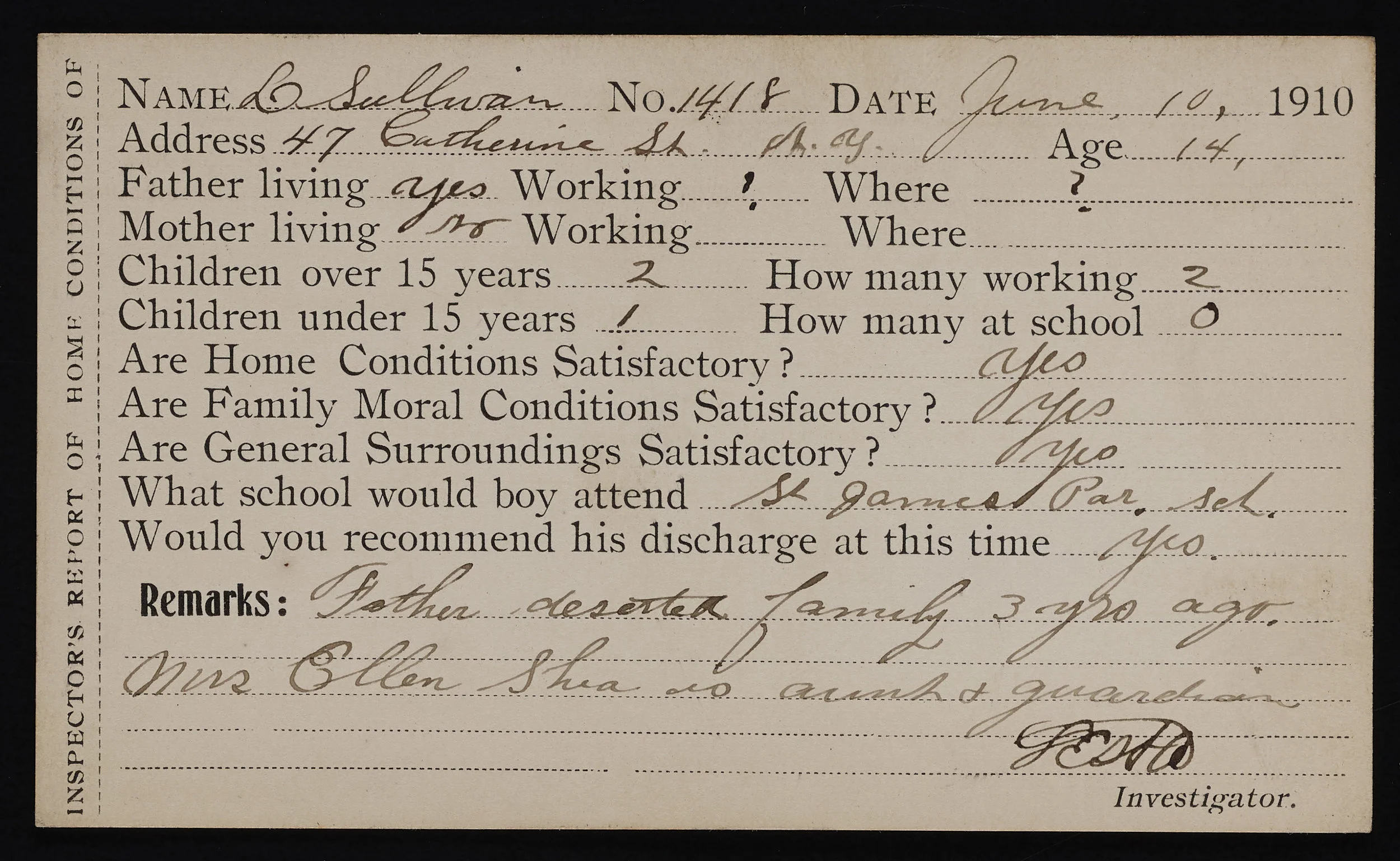 Inspector’s report of Home Conditions, 1910. Records of the Brooklyn Disciplinary Training School for Boys, NYC Municipal Archives.