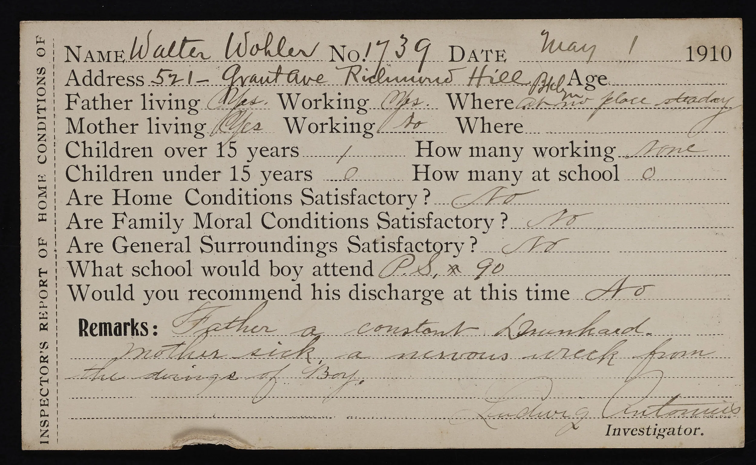 Inspector’s report of Home Conditions, 1910. Records of the Brooklyn Disciplinary Training School for Boys, NYC Municipal Archives.