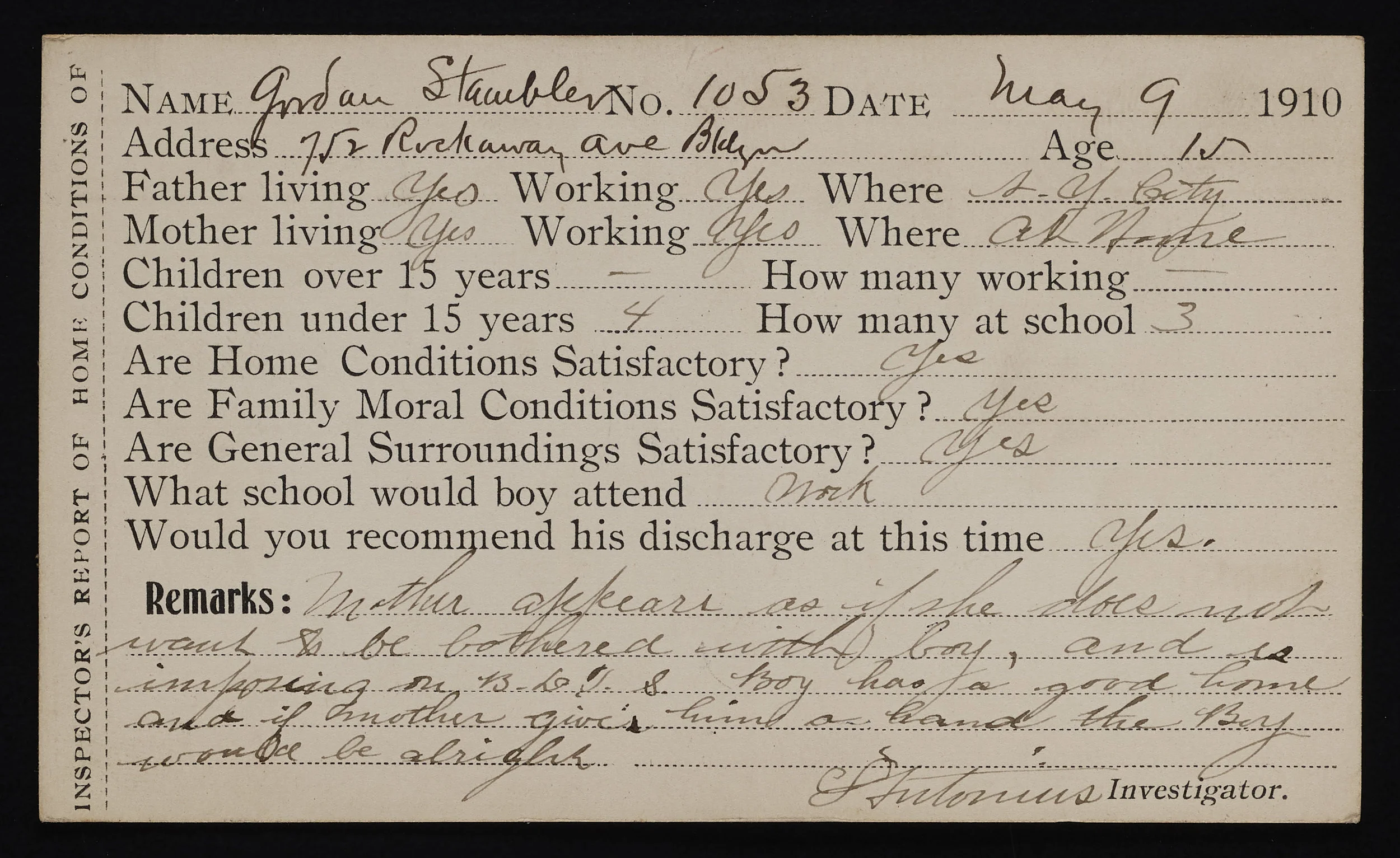 Inspector’s report of Home Conditions, 1910. Records of the Brooklyn Disciplinary Training School for Boys, NYC Municipal Archives.