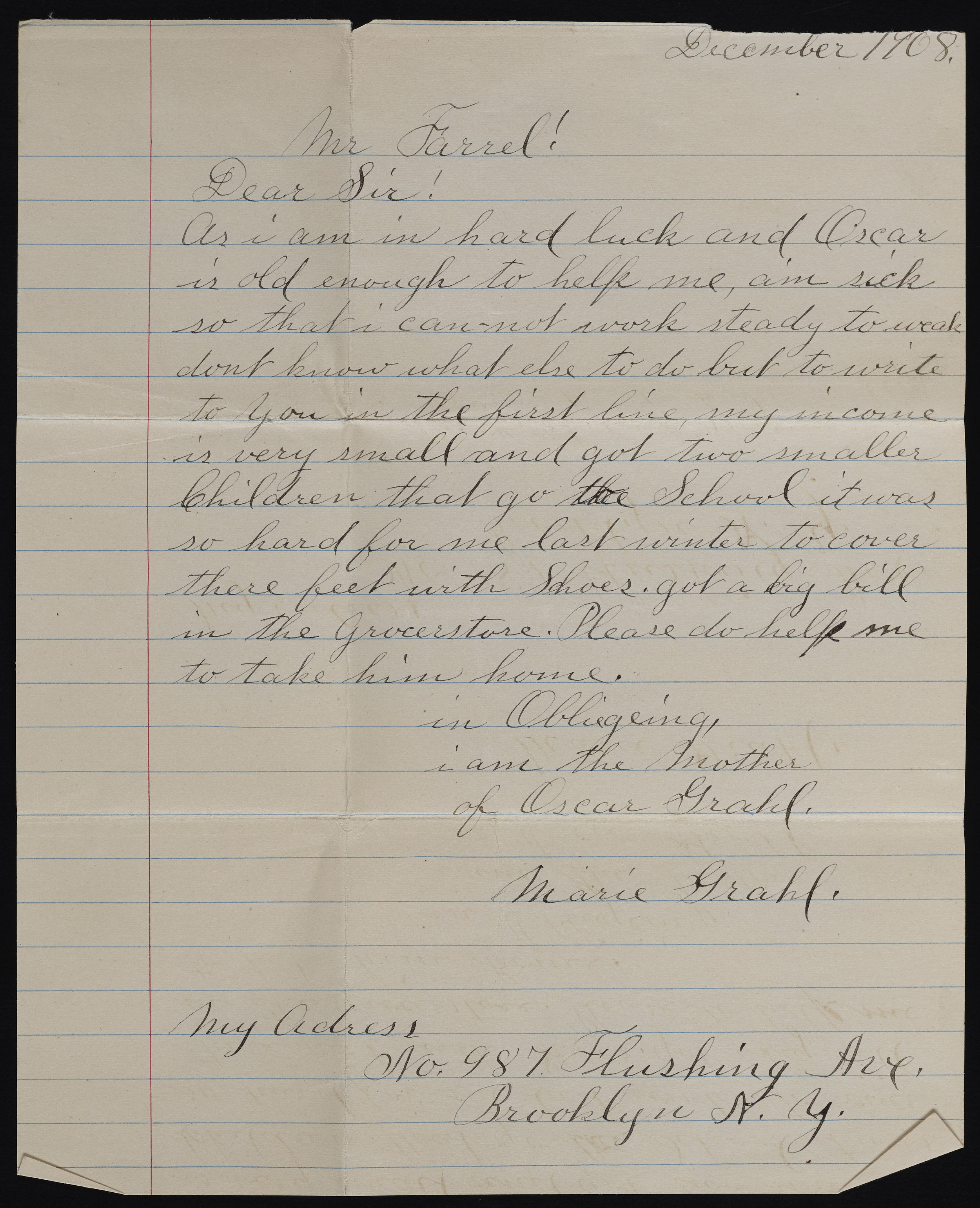 Letter from parent requesting her son’s discharge, 1908. Records of the Brooklyn Disciplinary Training School for Boys, NYC Municipal Archives.