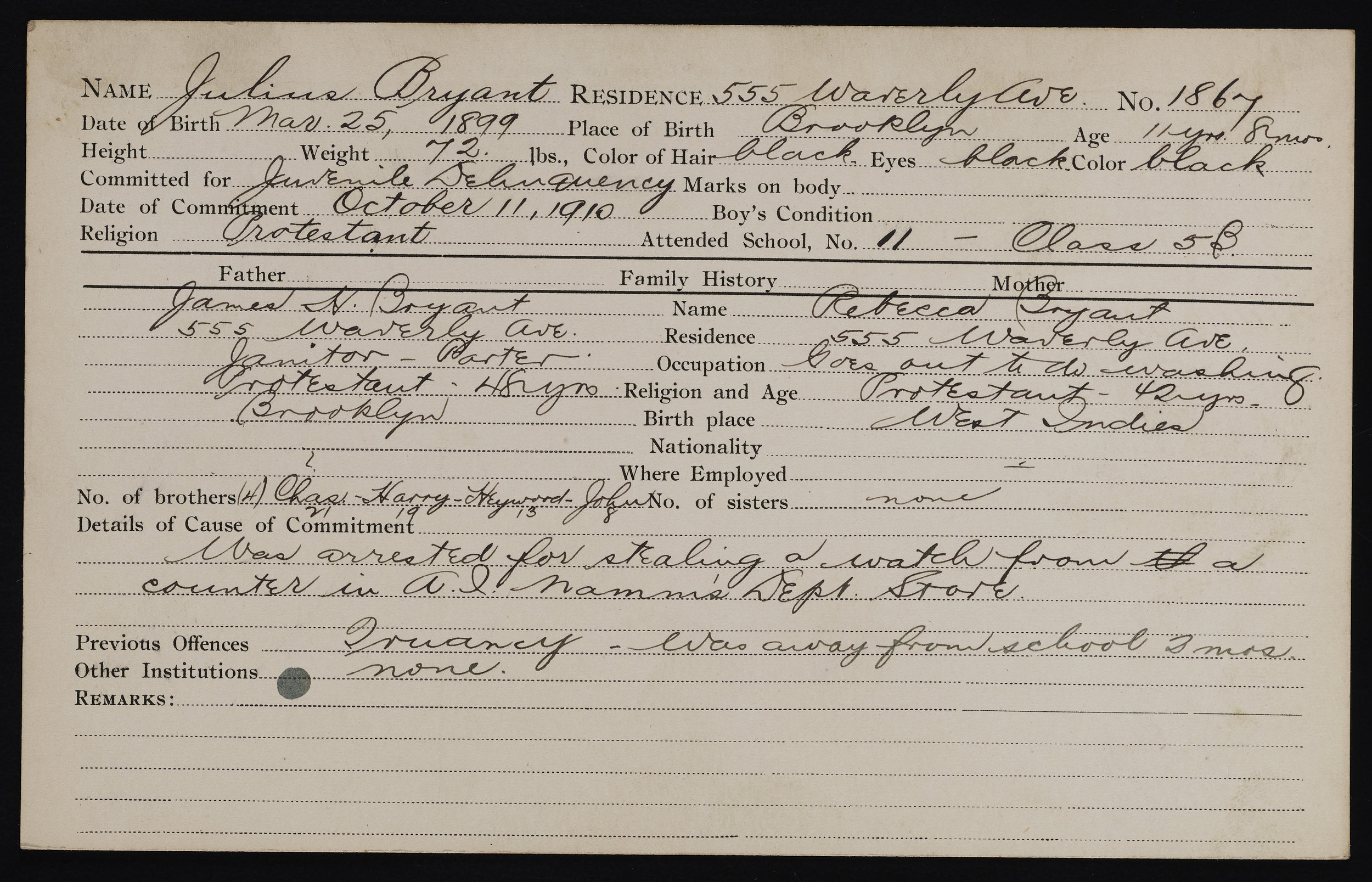 Intake record, 1899. Records of the Brooklyn Disciplinary Training School for Boys, NYC Municipal Archives.