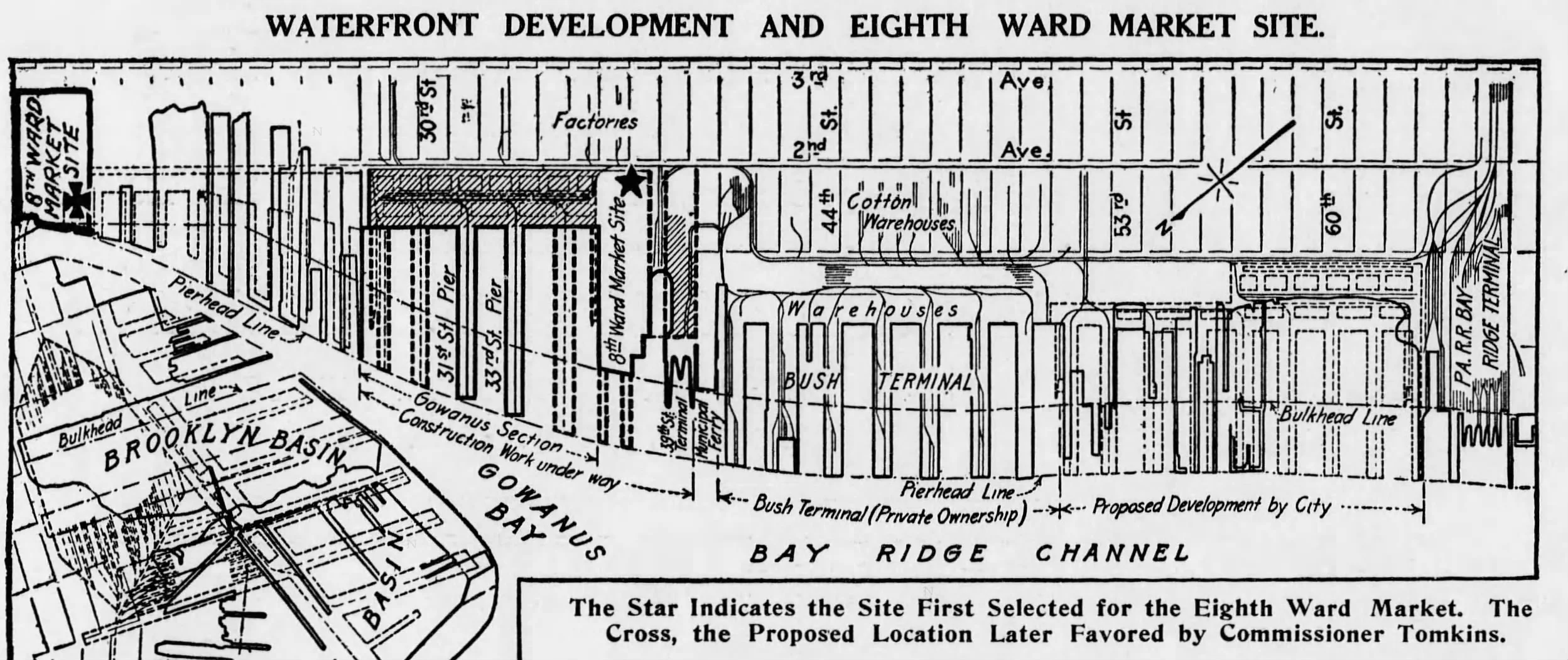 Map of Waterfront Development and Eighth Ward Market Site, both locations noted. Brooklyn Daily Eagle , February 19, 1912.