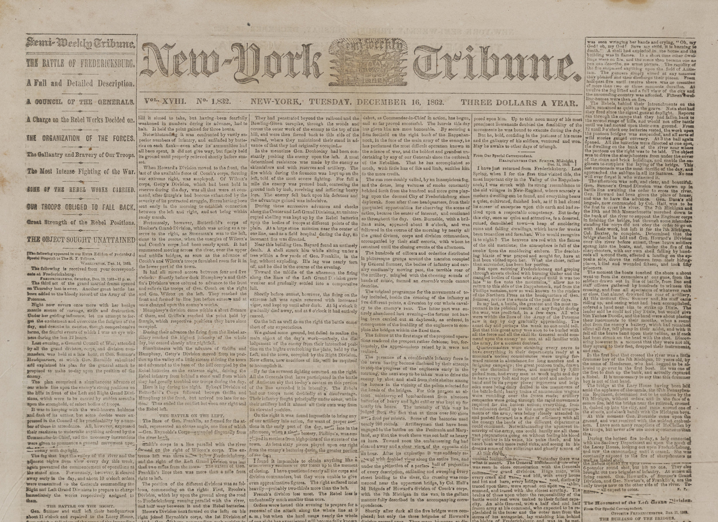 The December 16, 1862 edition of the New-York Semi-Weekly Tribune reported on the Battle of Fredericksburg.