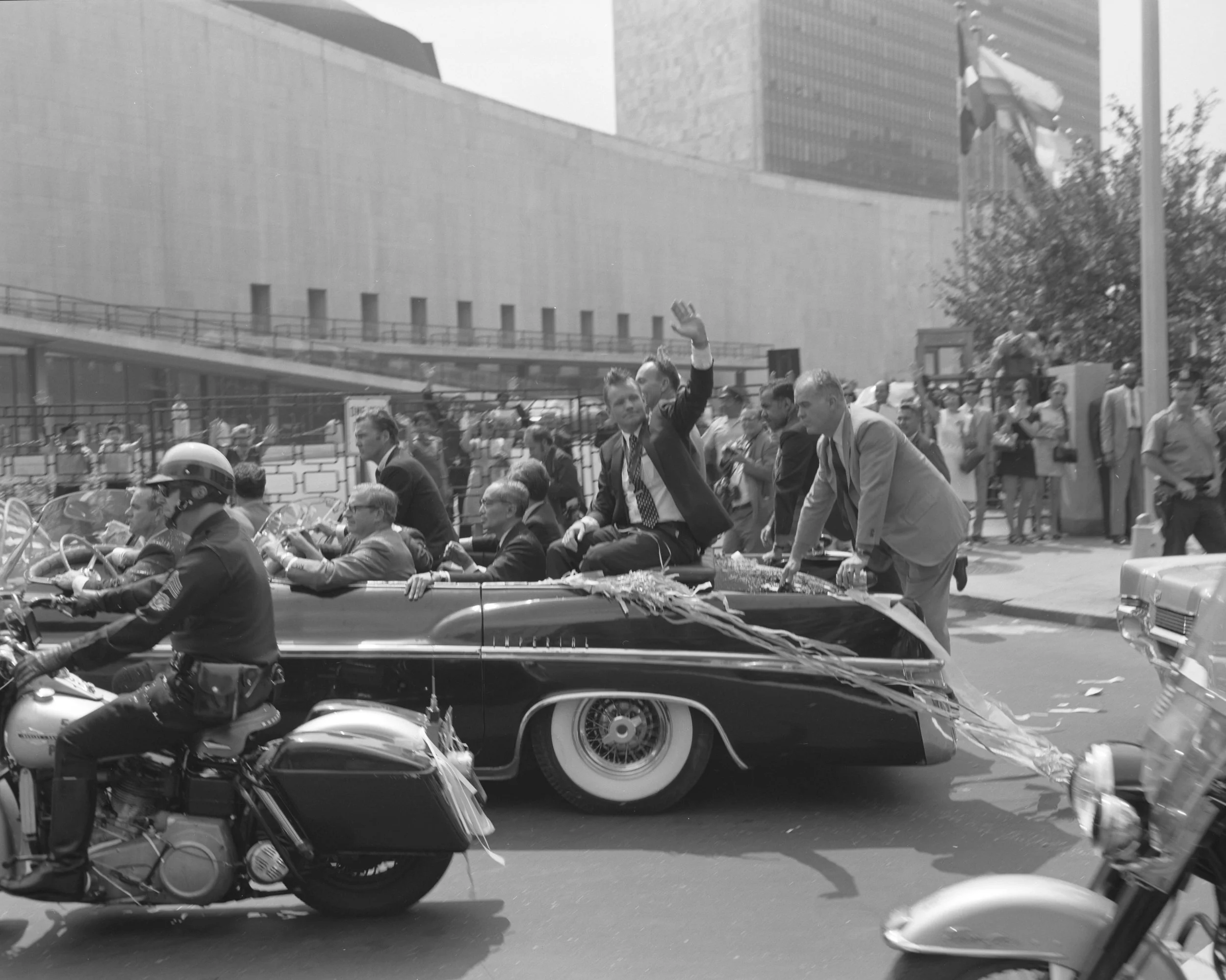The Apollo 11 motorcade arrives at the United Nations for a brief ceremony, August 13, 1969. NYPD Collection, NYC Municipal Archives.
