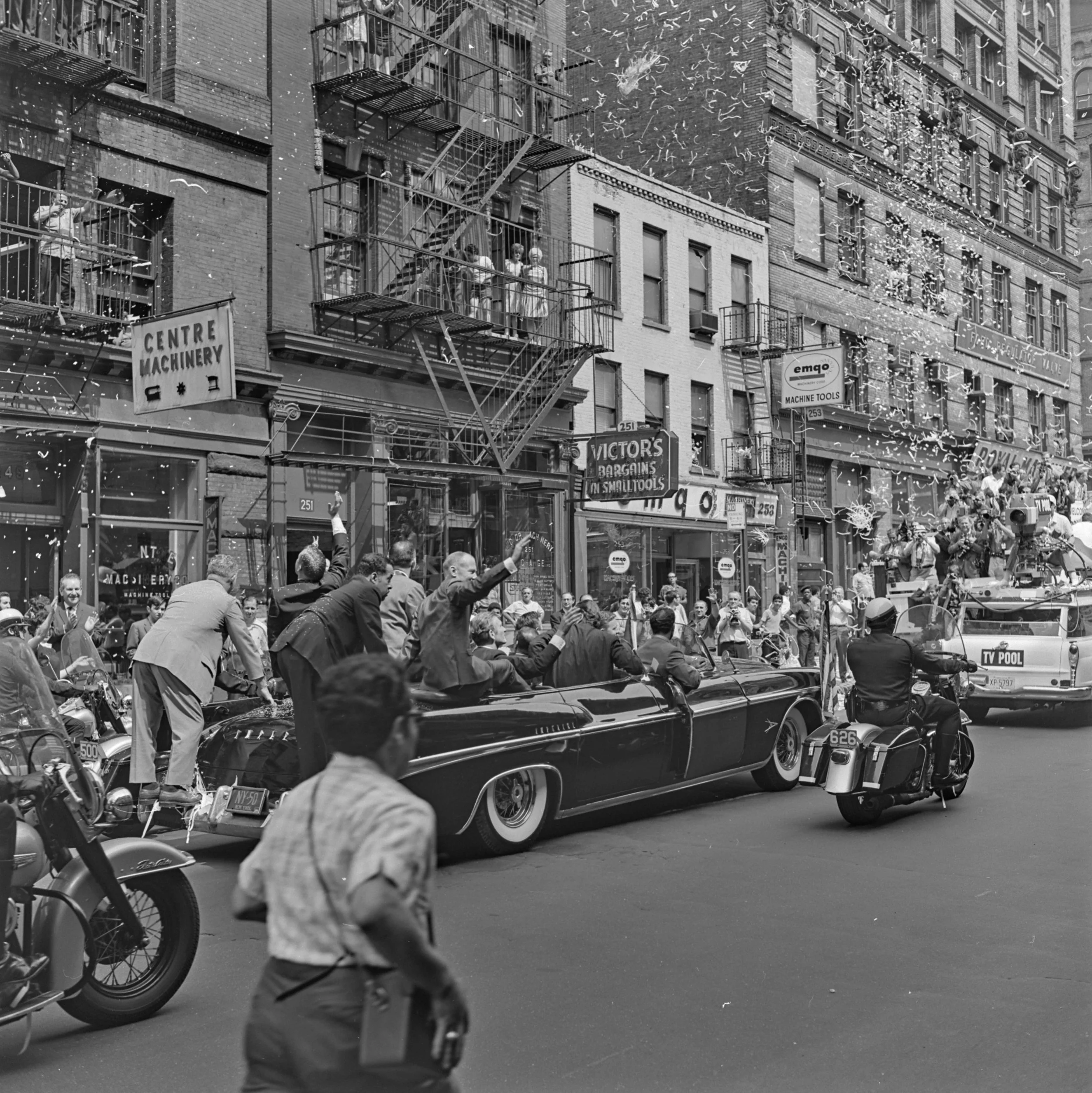 Spectators and more confetti greet the Apollo 11 Astronaut motorcade on Centre Street, August 13, 1969. NYPD Collection, NYC Municipal Archives.