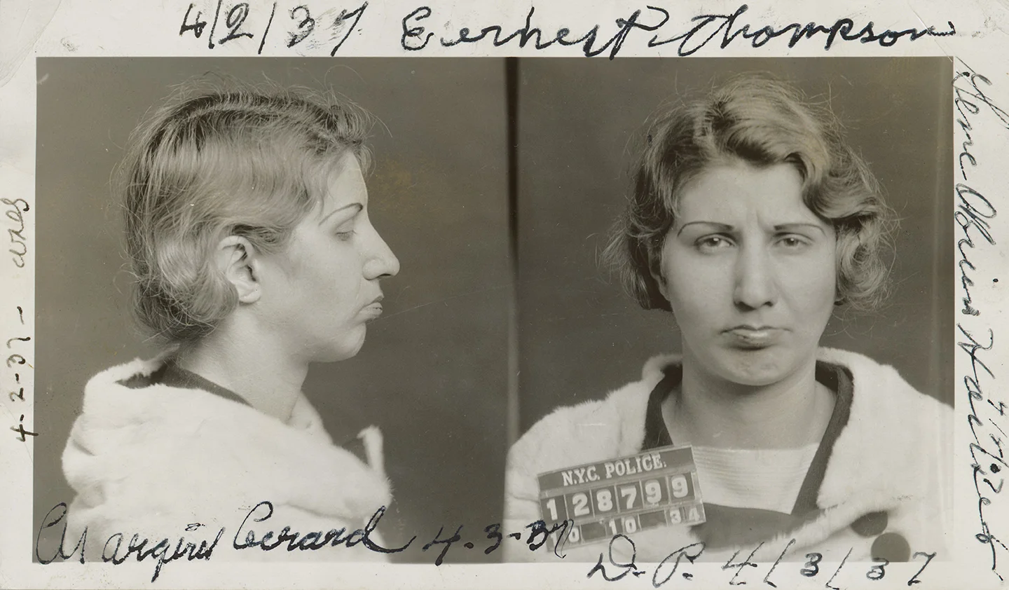 Mugshot of Florence Newman, alias “Cokey” Flo Francis Martin, alias Flo Brown, alias Fay Marston, October 10, 1934. New York County District Attorney, Case File 211537, NYC Municipal Archives.