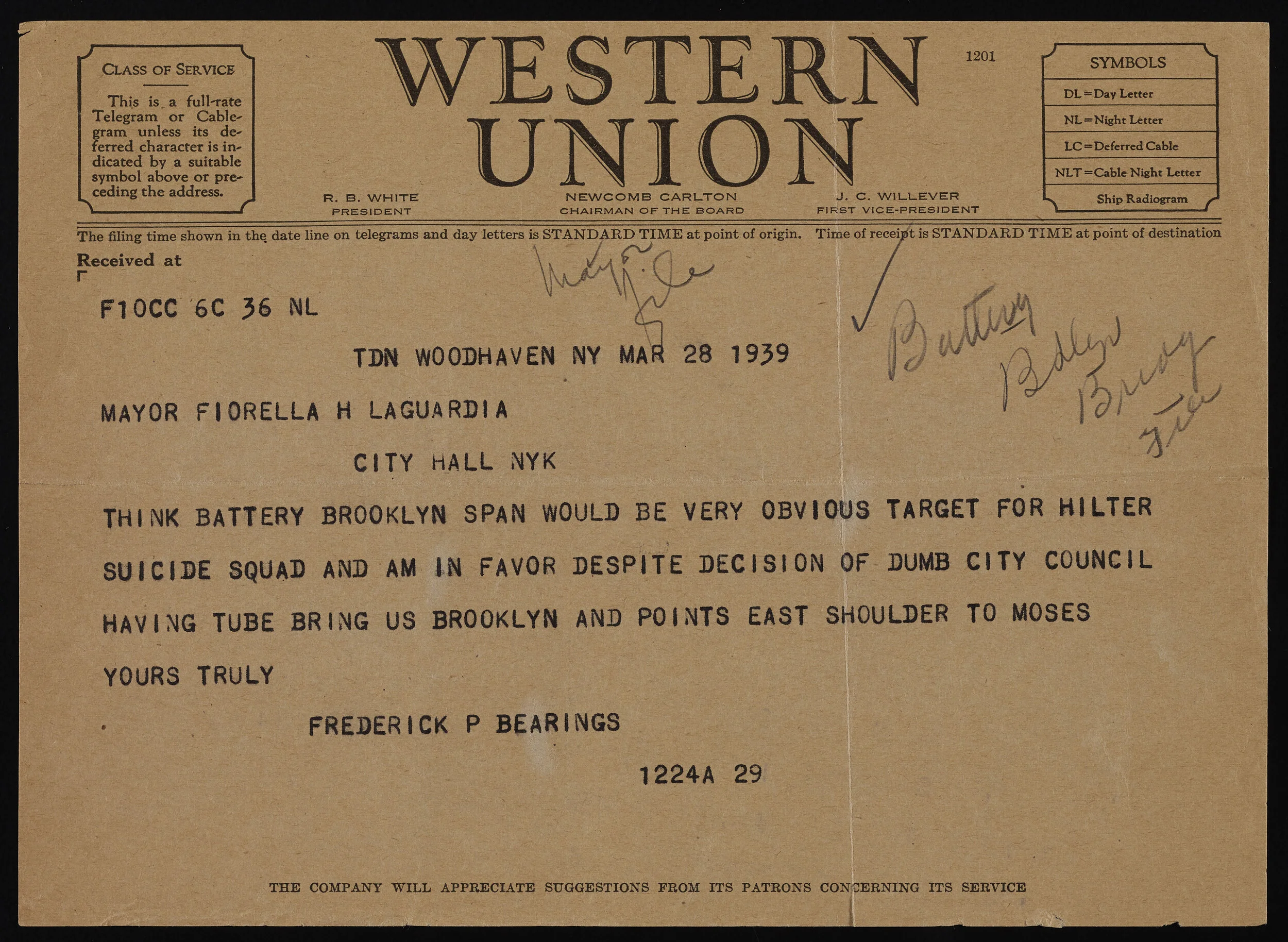 Telegram, March 28, 1939. Mayor LaGuardia papers, subject files, NYC Municipal Archives.