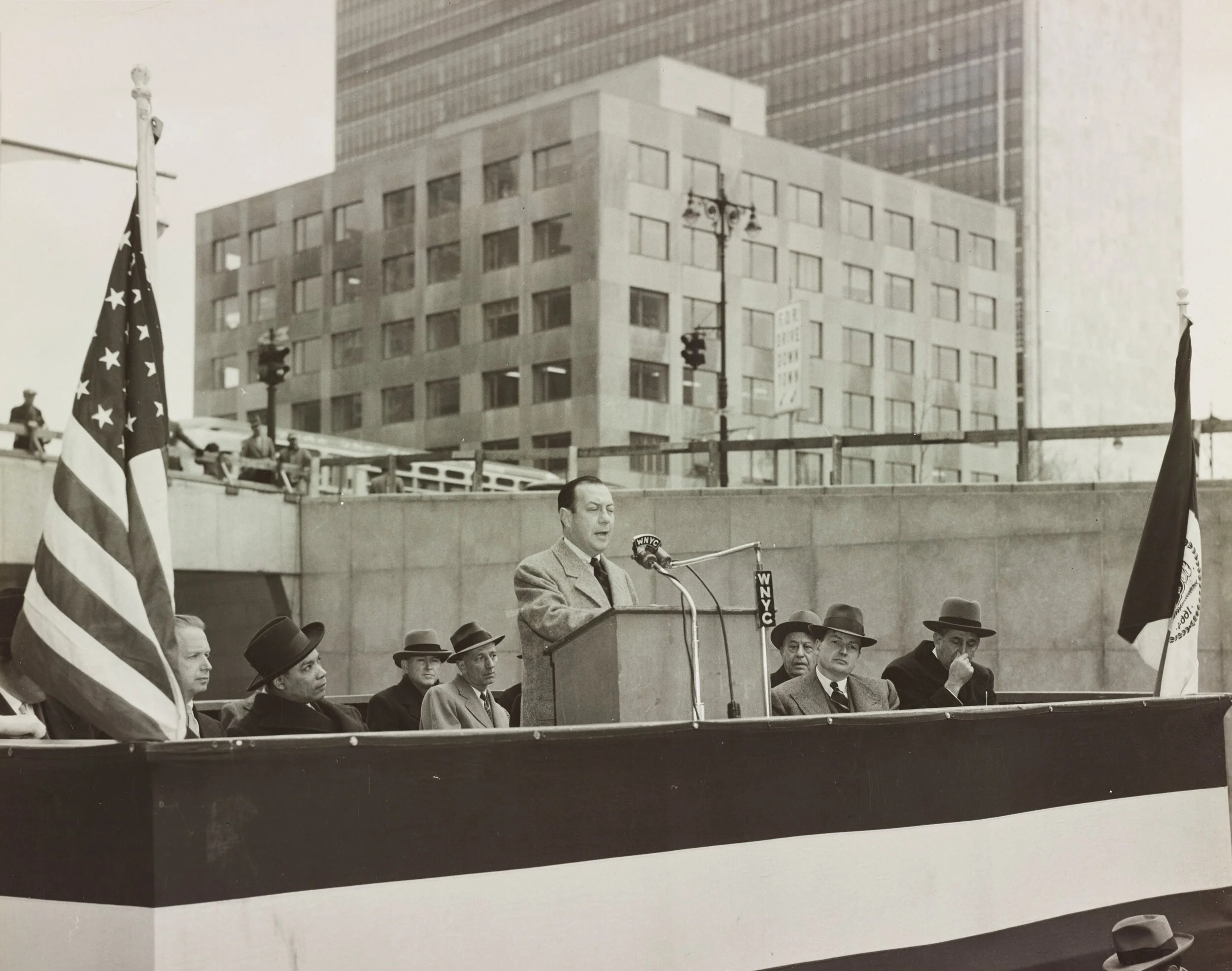 Mayor Robert F. Wagner speaks at the ceremony opening the Brooklyn Battery Tunnel, May 25, 1950. NYC Municipal Archives.