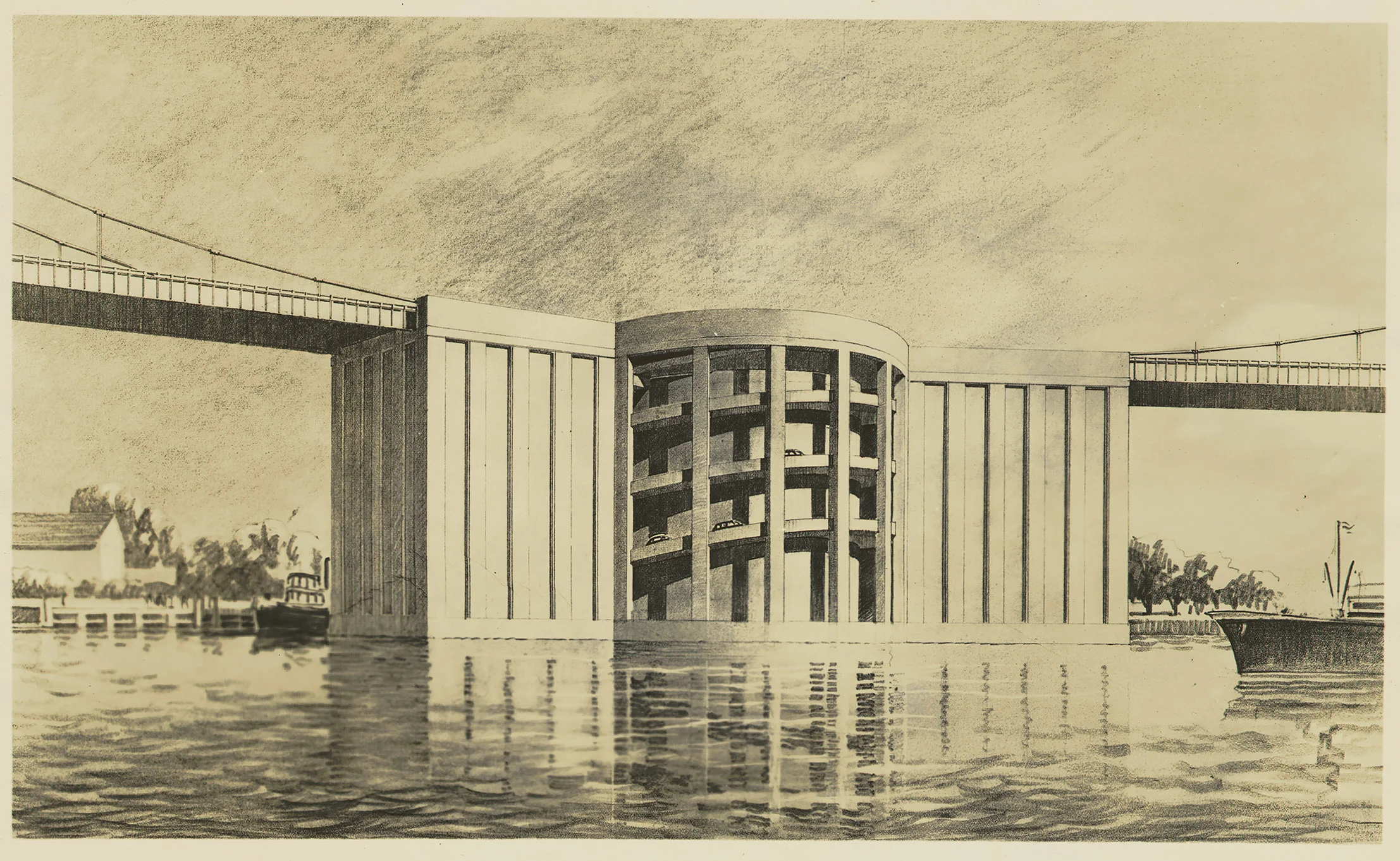 An alternate proposal had an entrance ramp for the Brooklyn Battery Bridge on Governors Island. Department of Parks Collection, NYC Municipal Archives.