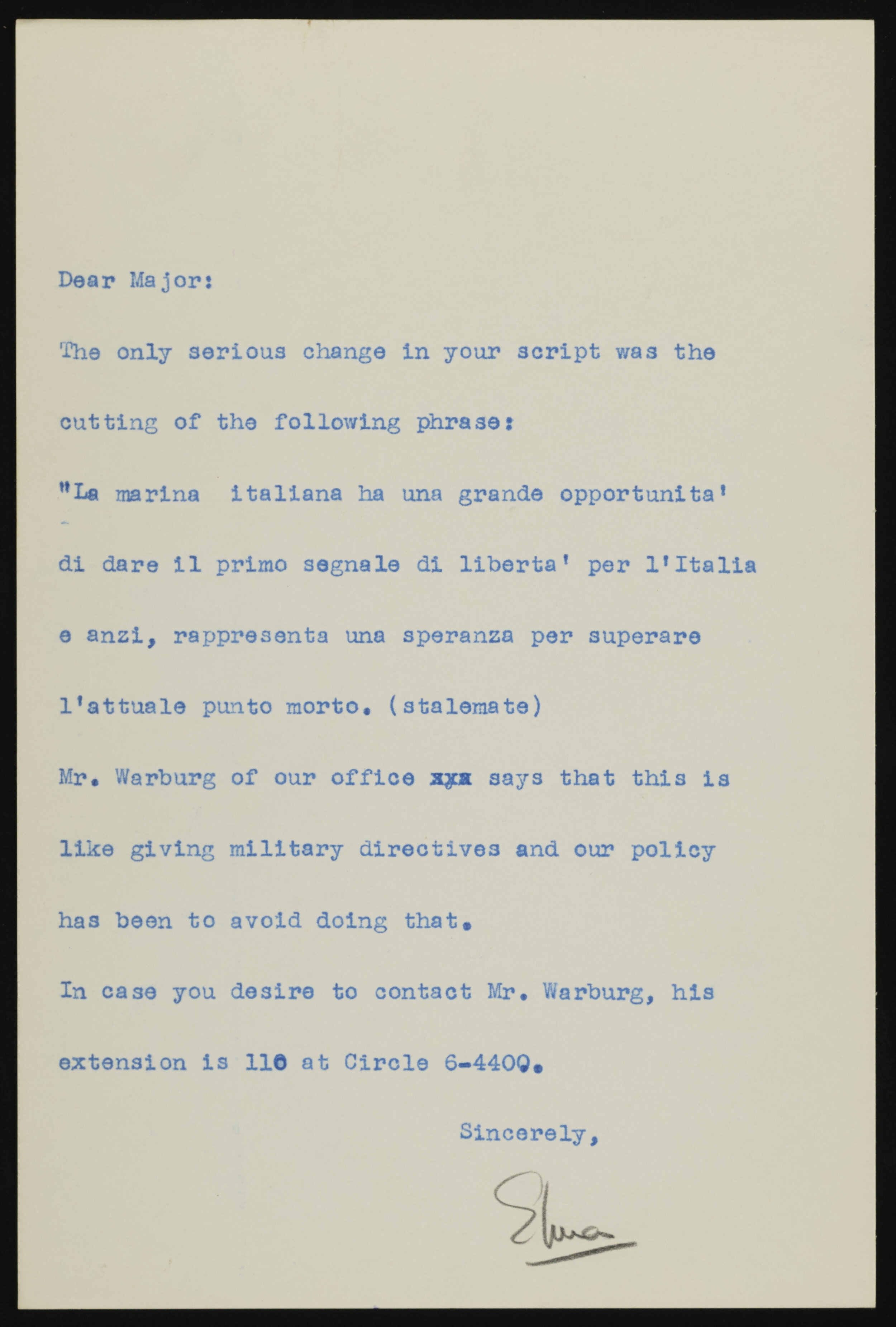 A note from Elma Baccanelli, LaGuardia’s translator, in August 1943 informing him that his directive to the Italian Navy to help end the stalemate was removed by State Department censors.