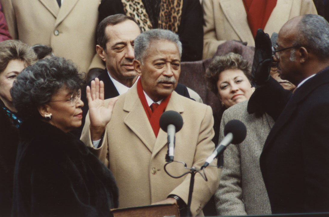 Swearing-in ceremony, steps of City Hall, January 1, 1990.