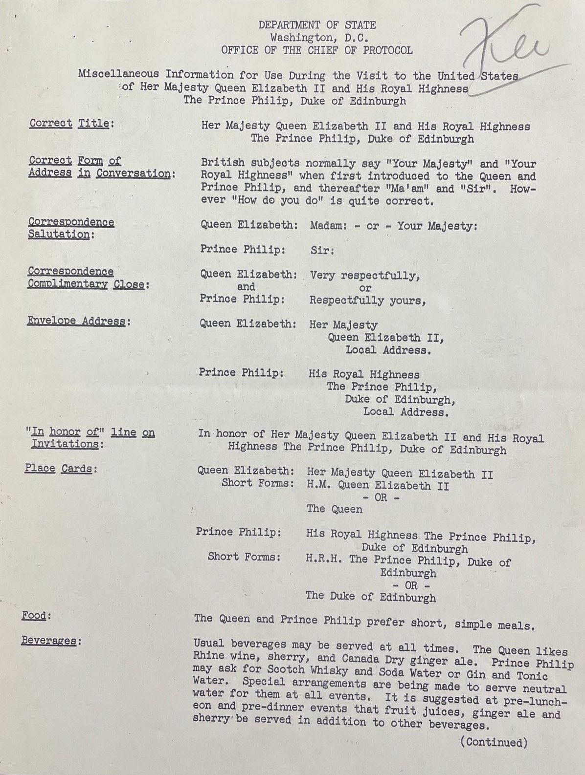 Memo on protocol for the Queen's visit, Department of State, Office of the Chief of Protocol. Mayor Wagner papers, NYC Municipal Archives.