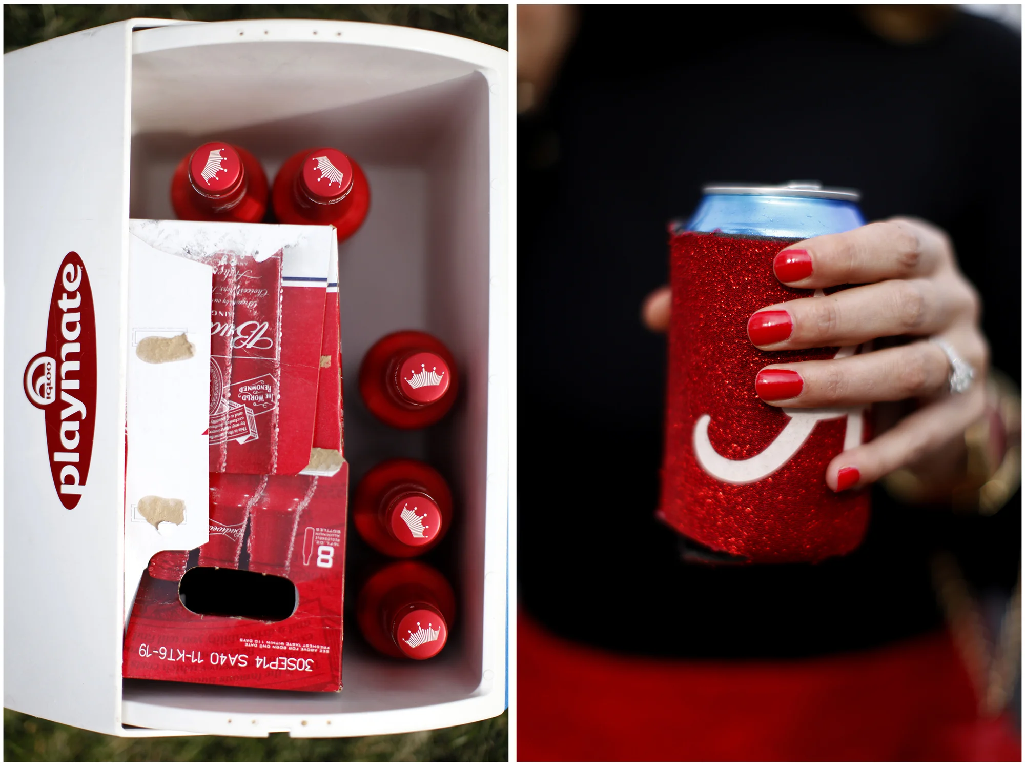 Left: Jessie Wimsett's, a WKU alumnus, cooler holds the contents for a game of "beersbie" during tailgating in the Valley at Western Kentucky University on Saturday, Nov. 8, 2014. Beersbie involved balancing a bottle of beer on a pole and knocking it down with a Frisbie. "It's the funnest tailgating game ever," Wimsett said. Right: Jenna Rusin, a 2009 WKU alumna, drinks her beer from a red Alabama coozie during Homecoming festivities on Saturday, Nov. 8, 2014.