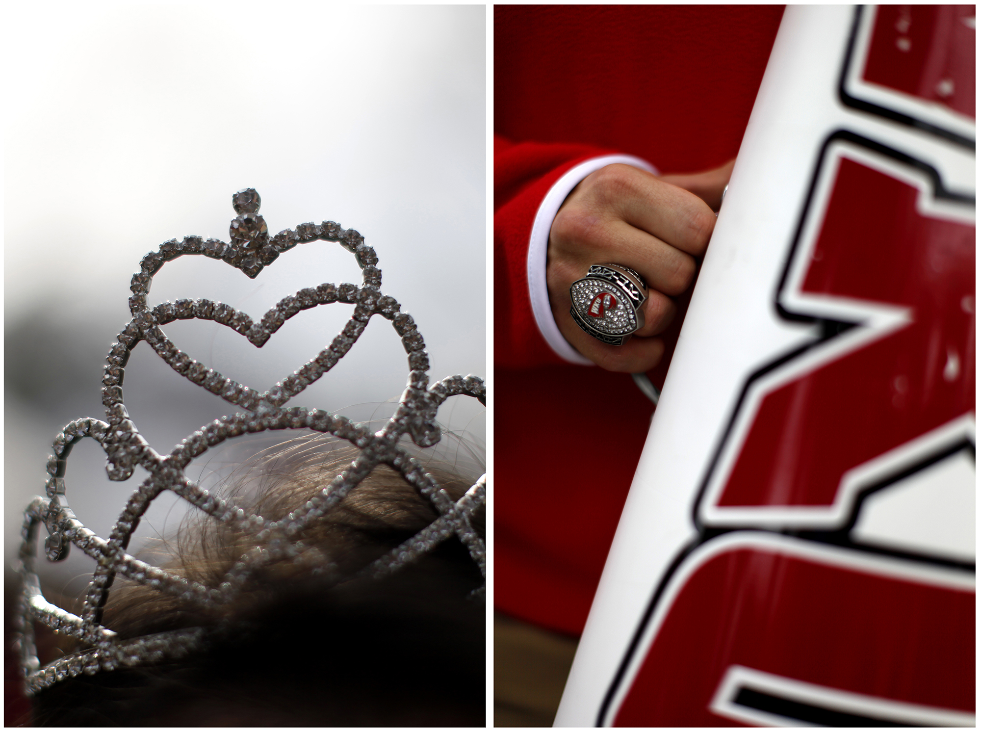  Left: Taylor Emberton, a Glasgow alumna and 2013 Homecoming Queen, wears her crown during tailgating festivities at Western Kentucky University on Saturday, Nov. 8, 2014. Right: &nbsp;Andrew Pettijohn, WKU alumnus, wears his 2012 Little Caesar's Bow