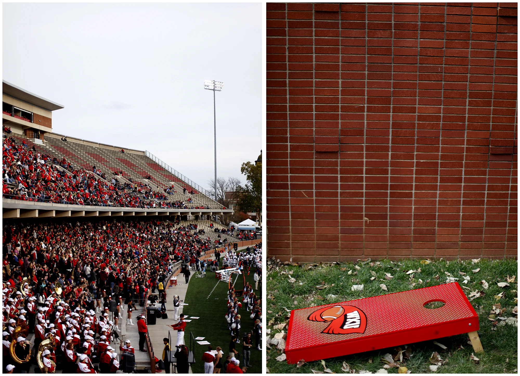 Left: A sparse crowd cheers on the Tops at L.T. Smith Stadium at the 2014 Homecoming game on Saturday, Nov. 8, 2014. Right: A corn-hole board sits during Homecoming tailgating in the Valley at WKU on Saturday, Nov. 8, 2014.