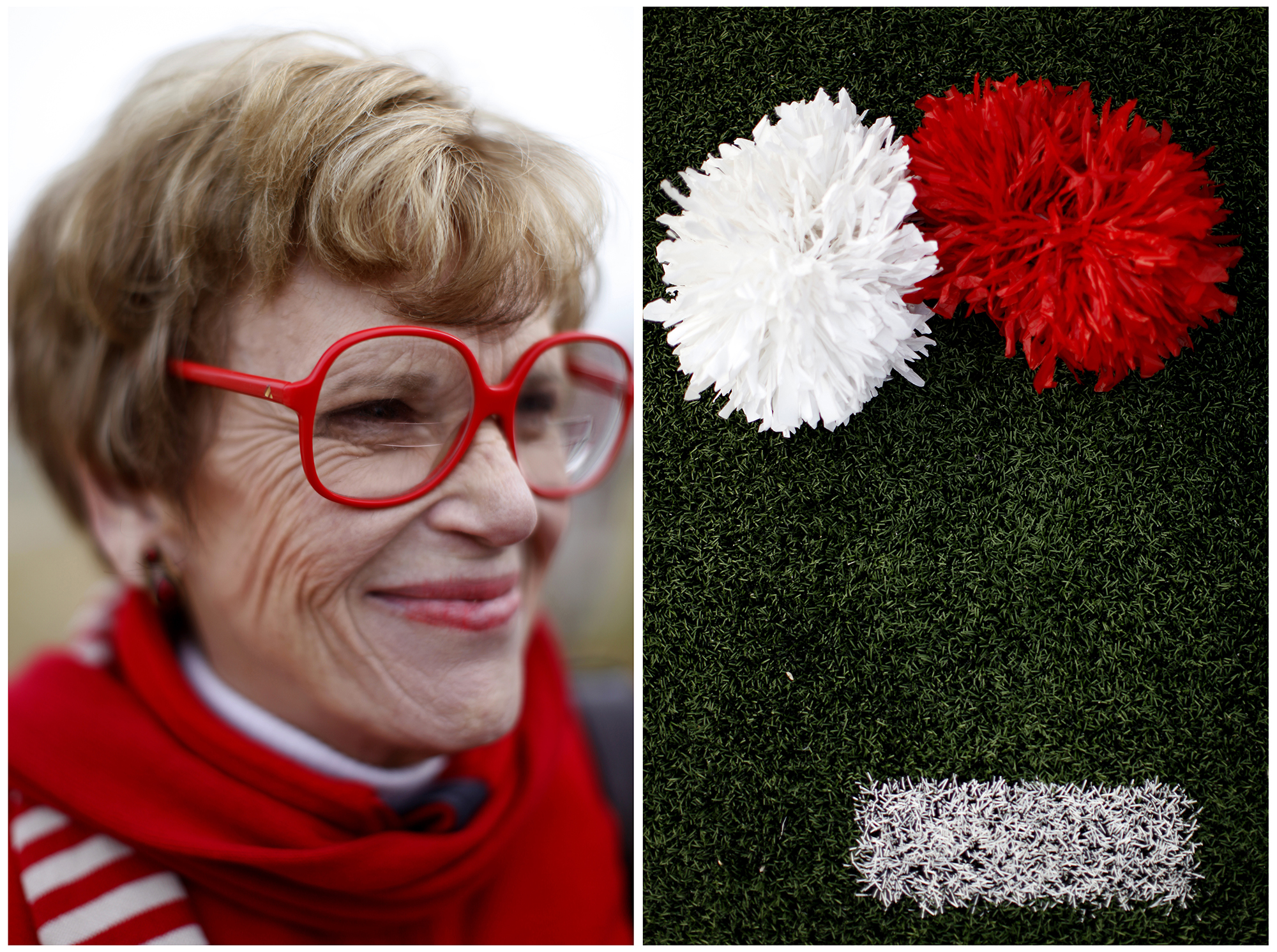  Left: Cecile Garmon, a communications professor at WKU, poses for a portrait in her red Liz Claiborne glasses. &nbsp;Garmon has been a professor since the 1980's and has sported her collection of colored glasses since the 80's as well. &nbsp;She has