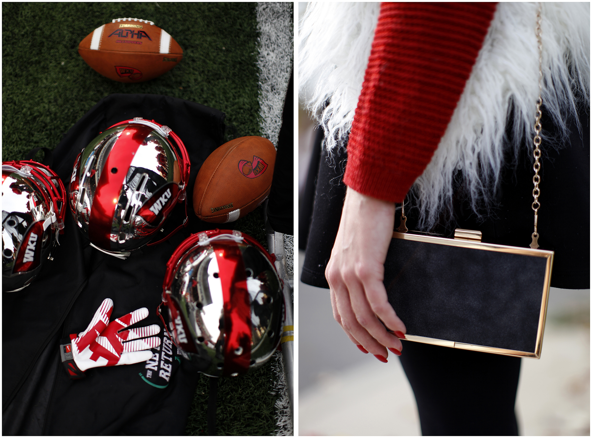  Left: Football equipment rests on the sidelines during WKU's Homecoming football game on Saturday, Nov. 8, 2014 in L.T. Smith Stadium.&nbsp; Right: Rachel Sheldon, an Owensboro senior and fashion major, mixes several different textures in her outfit