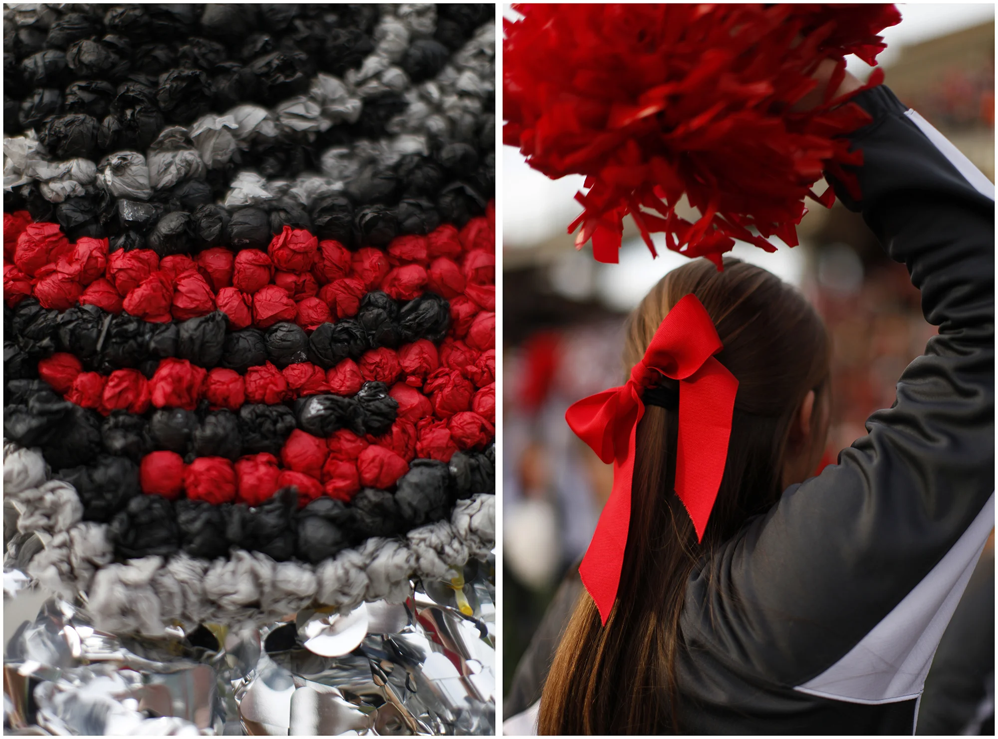 Left: Homecoming floats are displayed along Avenue of Champions during Homecoming festivities on Saturday, Nov. 8, 2014. Right: Ashley Begley, a Nicholasville junior and cheerleader, cheers on the sidelines of WKU's Homecoming game in L.T. Smith Stadium on Saturday, Nov. 8, 2014. 