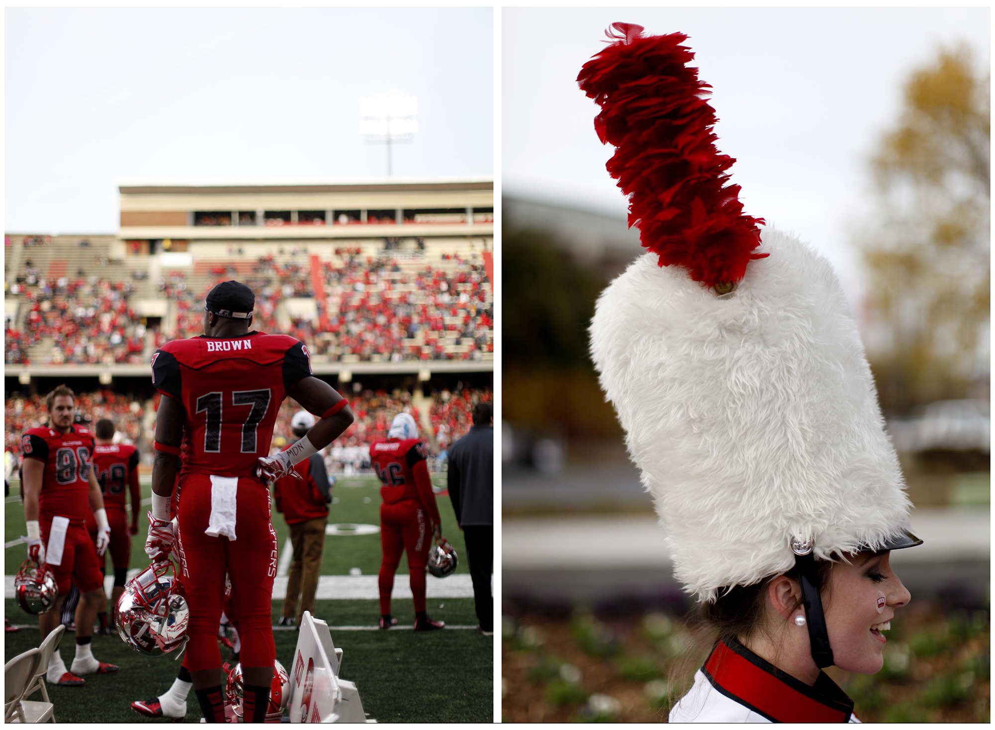  Left: Dejon Brown, a junior and linebacker, watches his team play it's game against UTEP on Saturday, Nov. 8, 2014. &nbsp;WKU won 35-27, their first Homecoming victory in three years. Right: Angela Cook, a senior and drum major, poses for a portrait