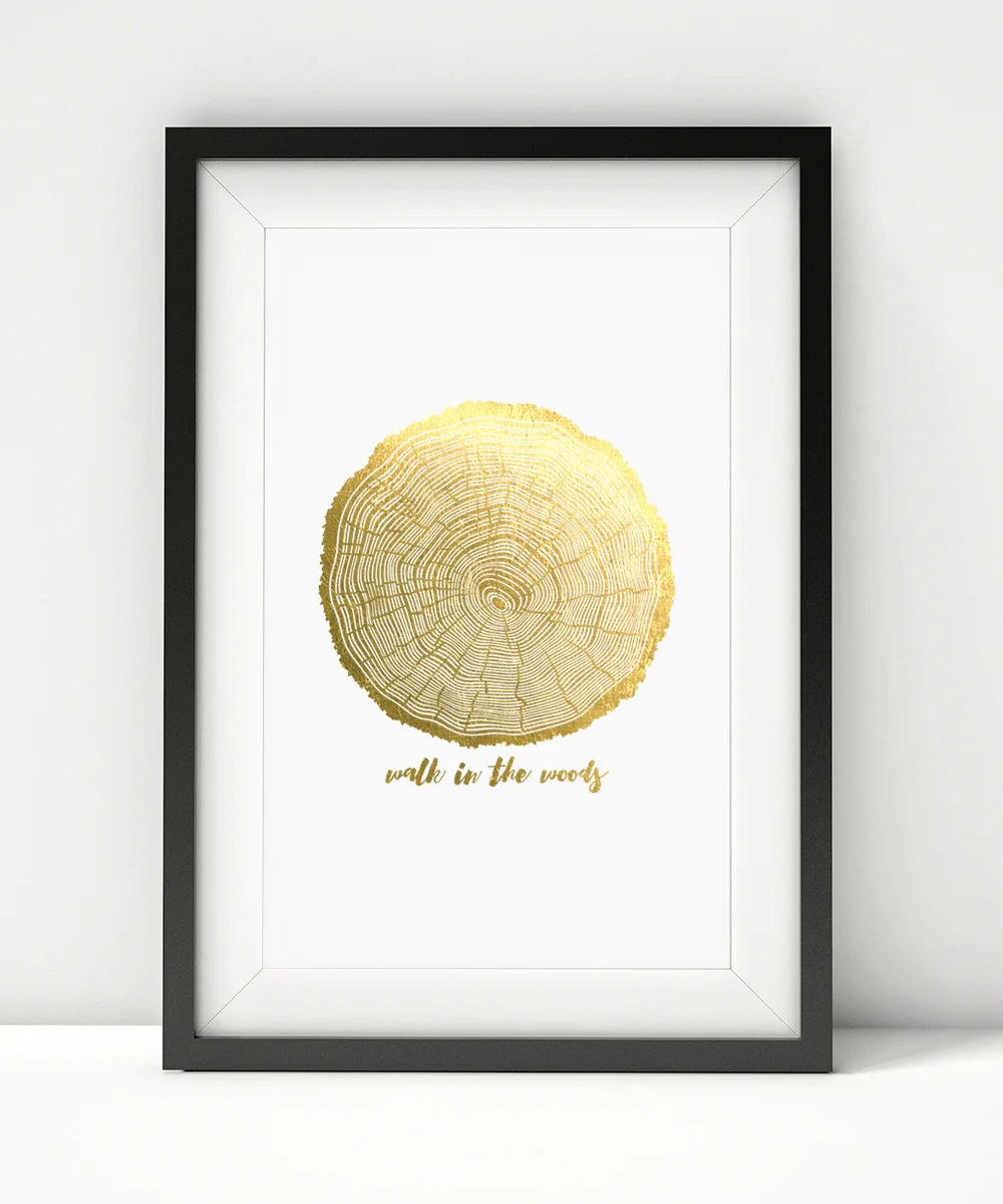 Clear your mind and walk in the woods. You'll be reminded of nature's simplistic beauty with this luxe white print (100 lb. stock) with gold foil.