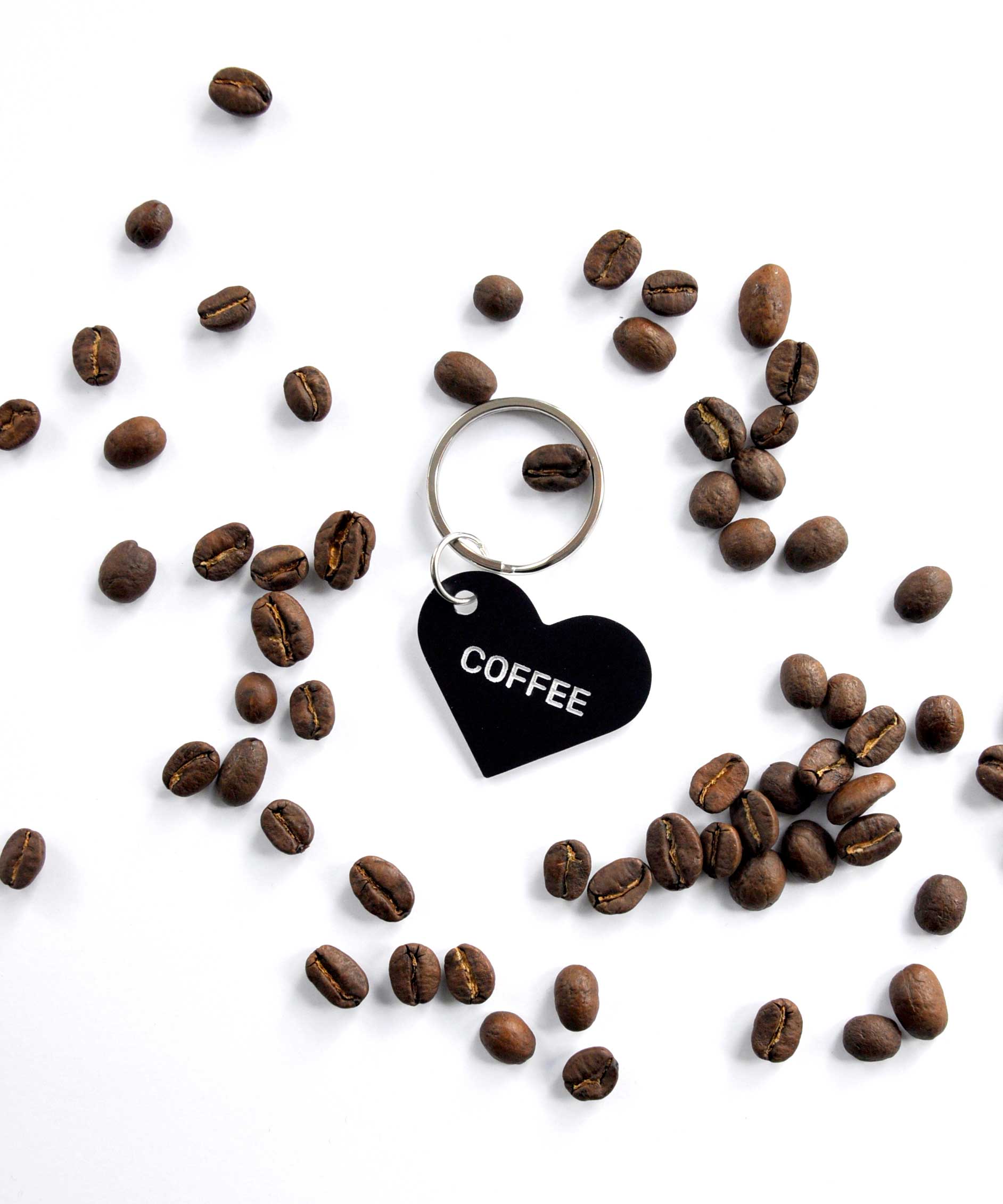 Coffee black heart keytag with gold plated key ring and coffee beans. By Swell Made Co.