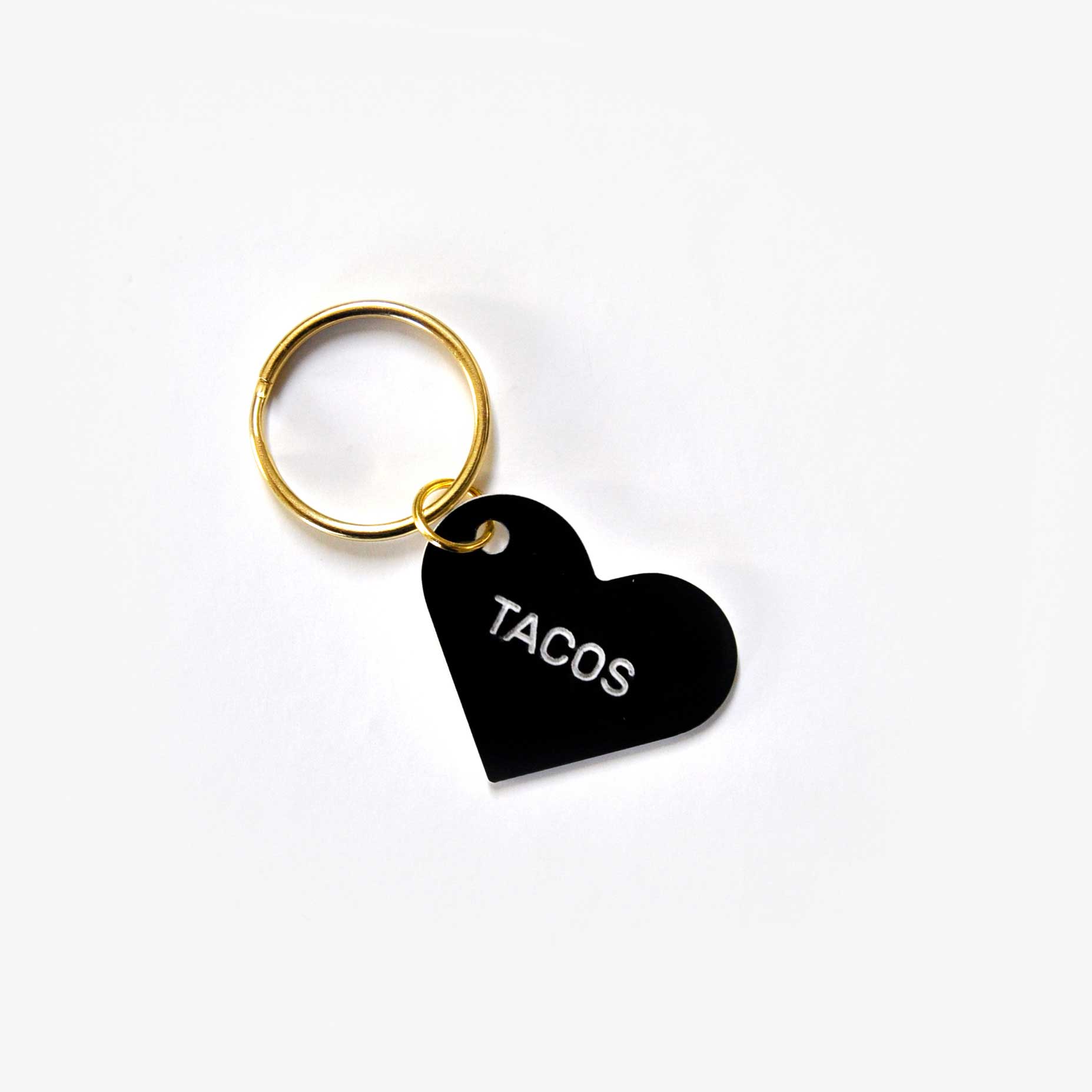 Tacos black heart keytag with gold plated key ring. By Swell Made Co.