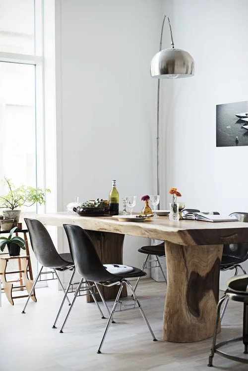 Scandinavian meets Wabi Sabi in this dining room.