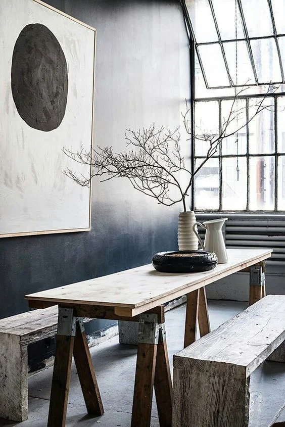 Wabi Sabi style with natural elements and earthy hues. 