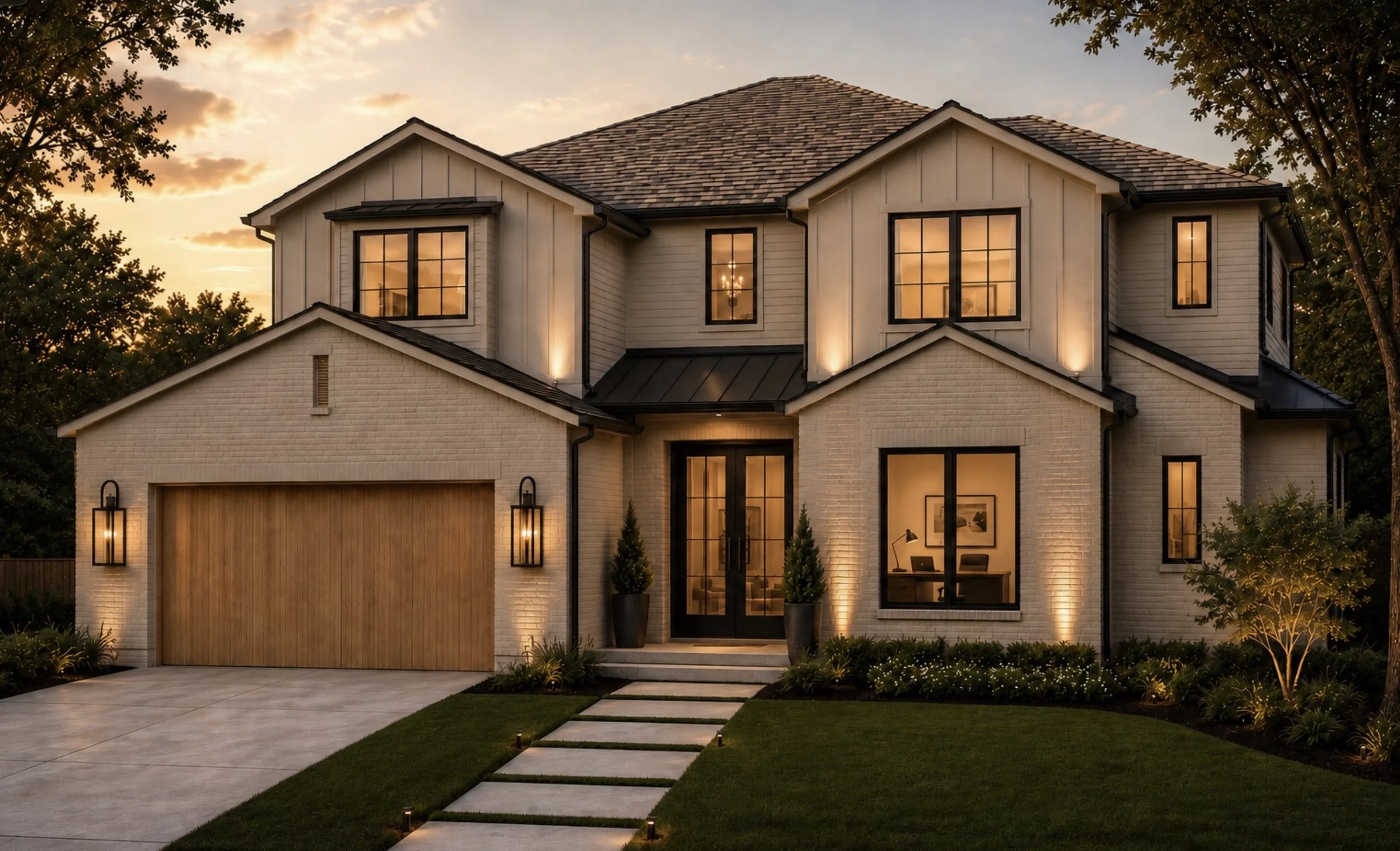 Dallas custom home exterior rendering with modern transitional style.
