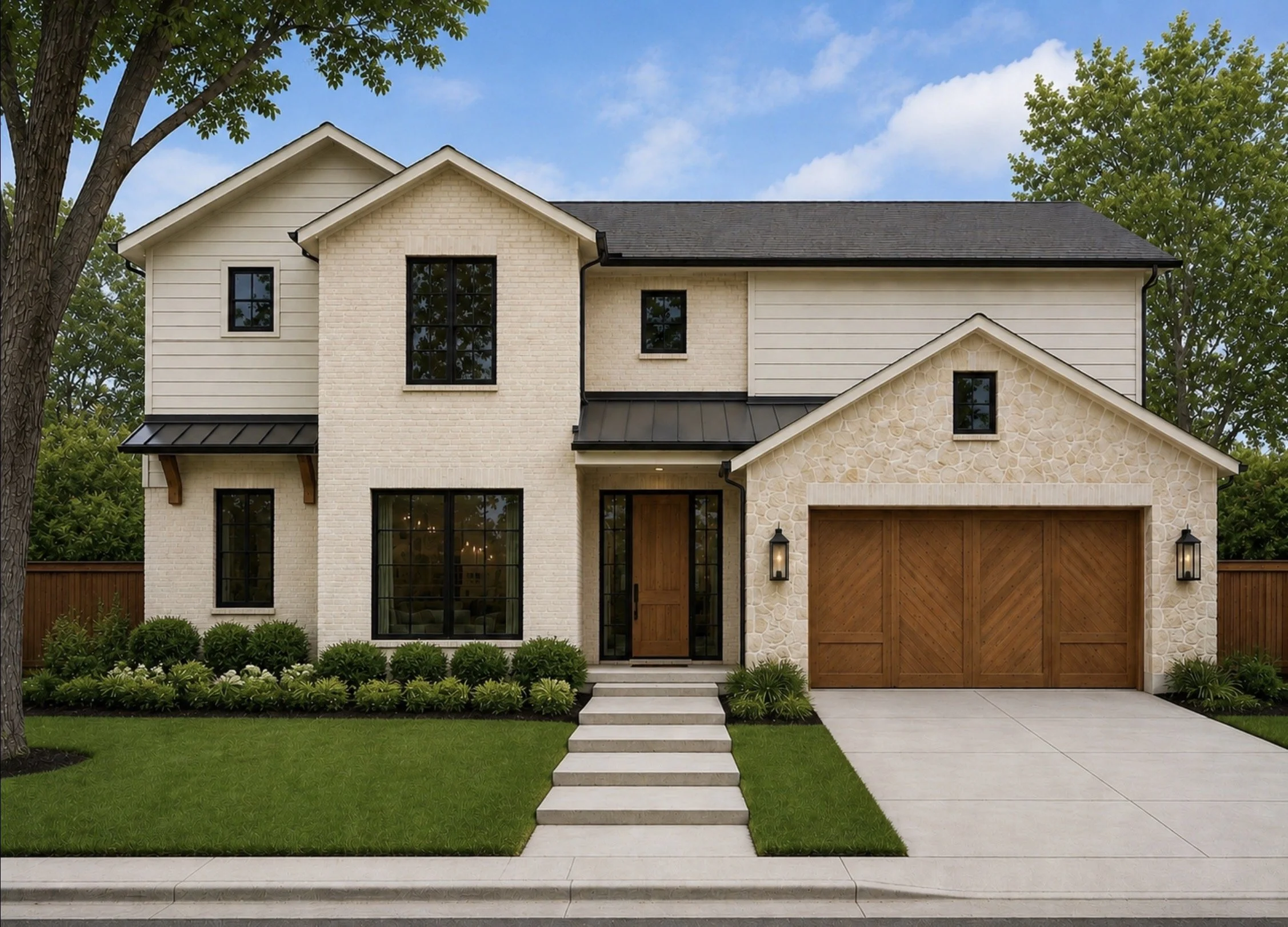 Exterior custom home rendering for modern transitional home in north Dallas for sale.